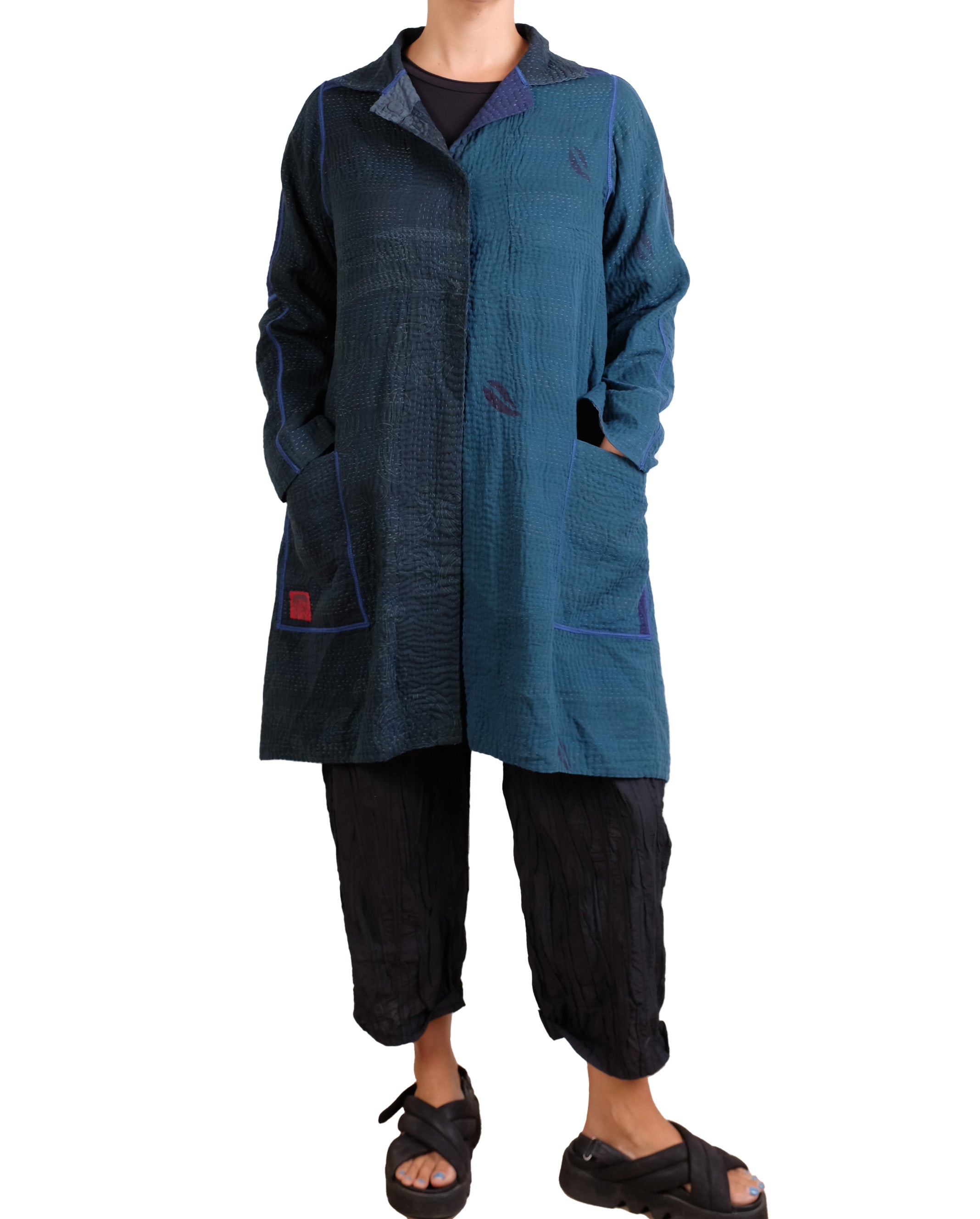 Mieko Mintz Navy Frayed Patch Kantha A-line Duster