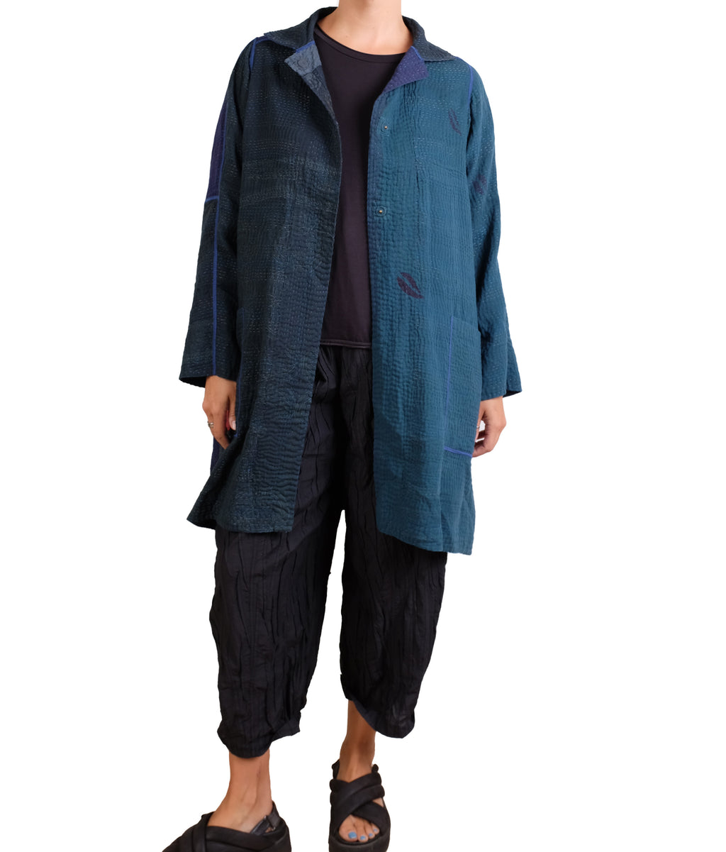 Mieko Mintz Navy Frayed Patch Kantha A-line Duster