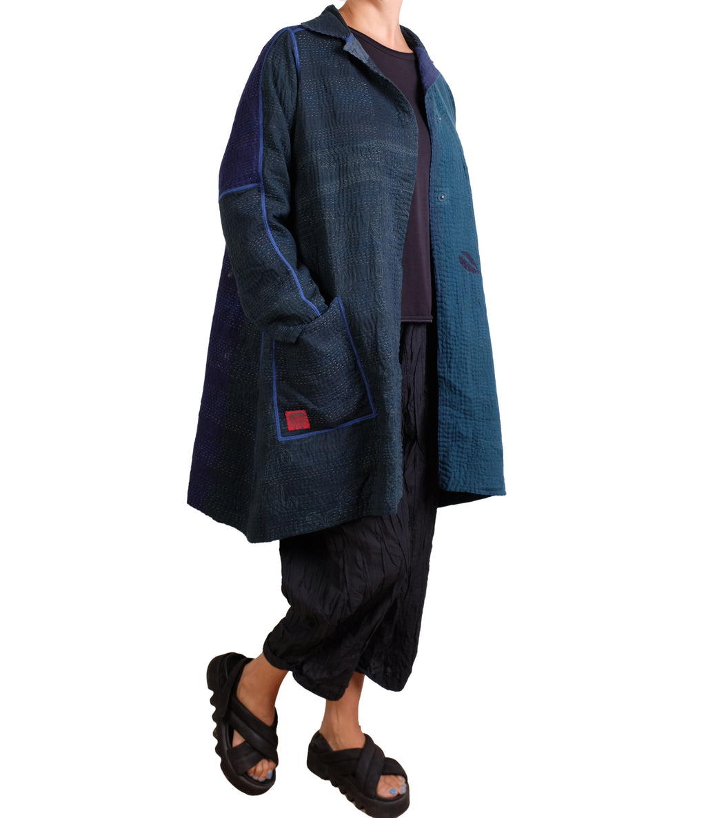 Mieko Mintz Navy Frayed Patch Kantha A-line Duster