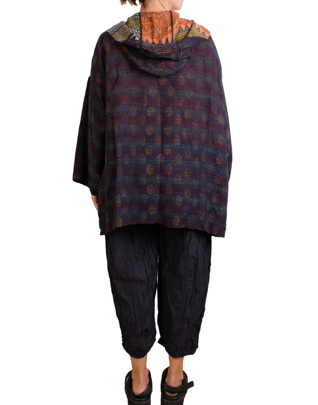 Mieko Mintz Vintage Silk Georgette Cotton Kantha Hoodie Poncho