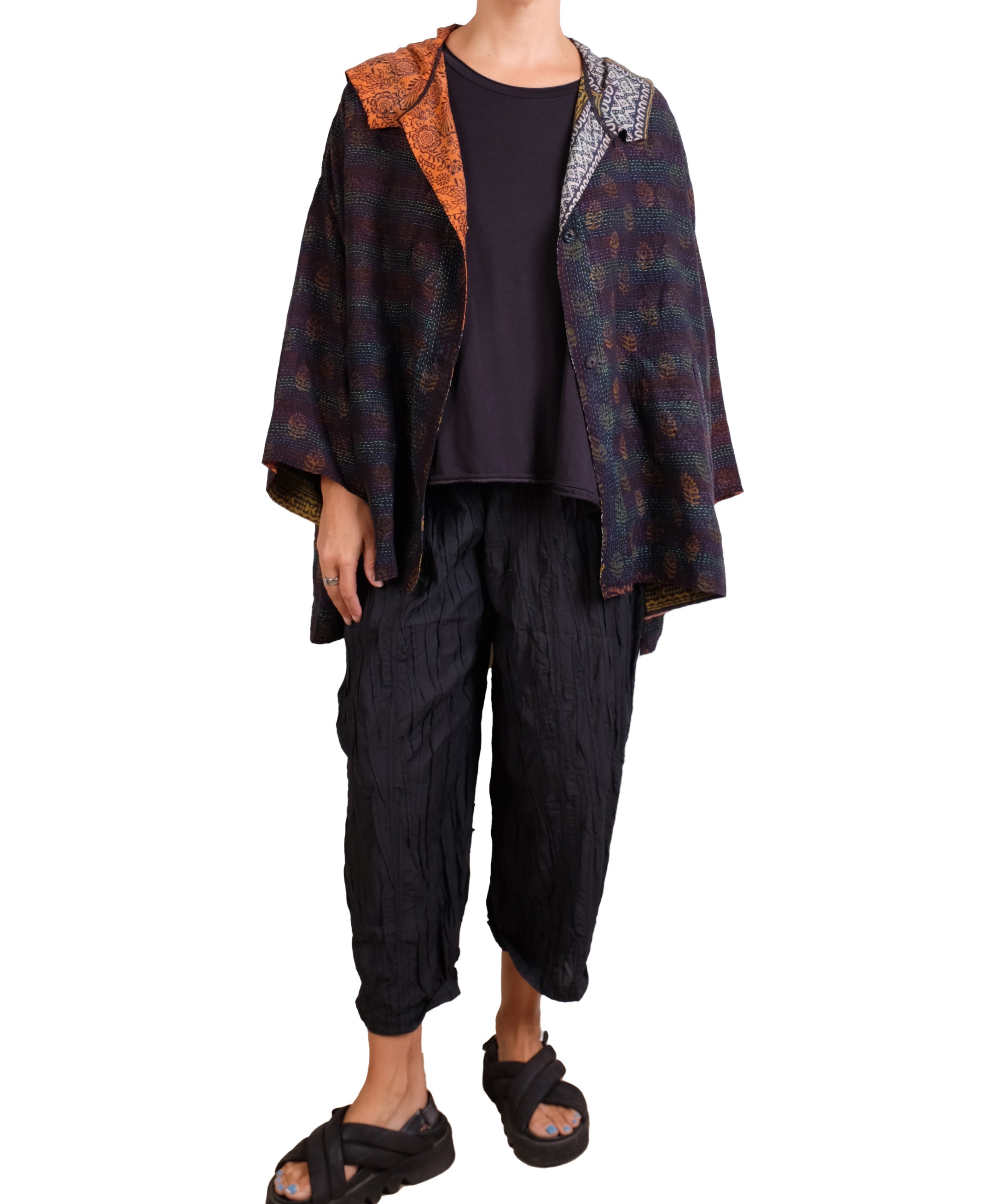 Mieko Mintz Vintage Silk Georgette Cotton Kantha Hoodie Poncho