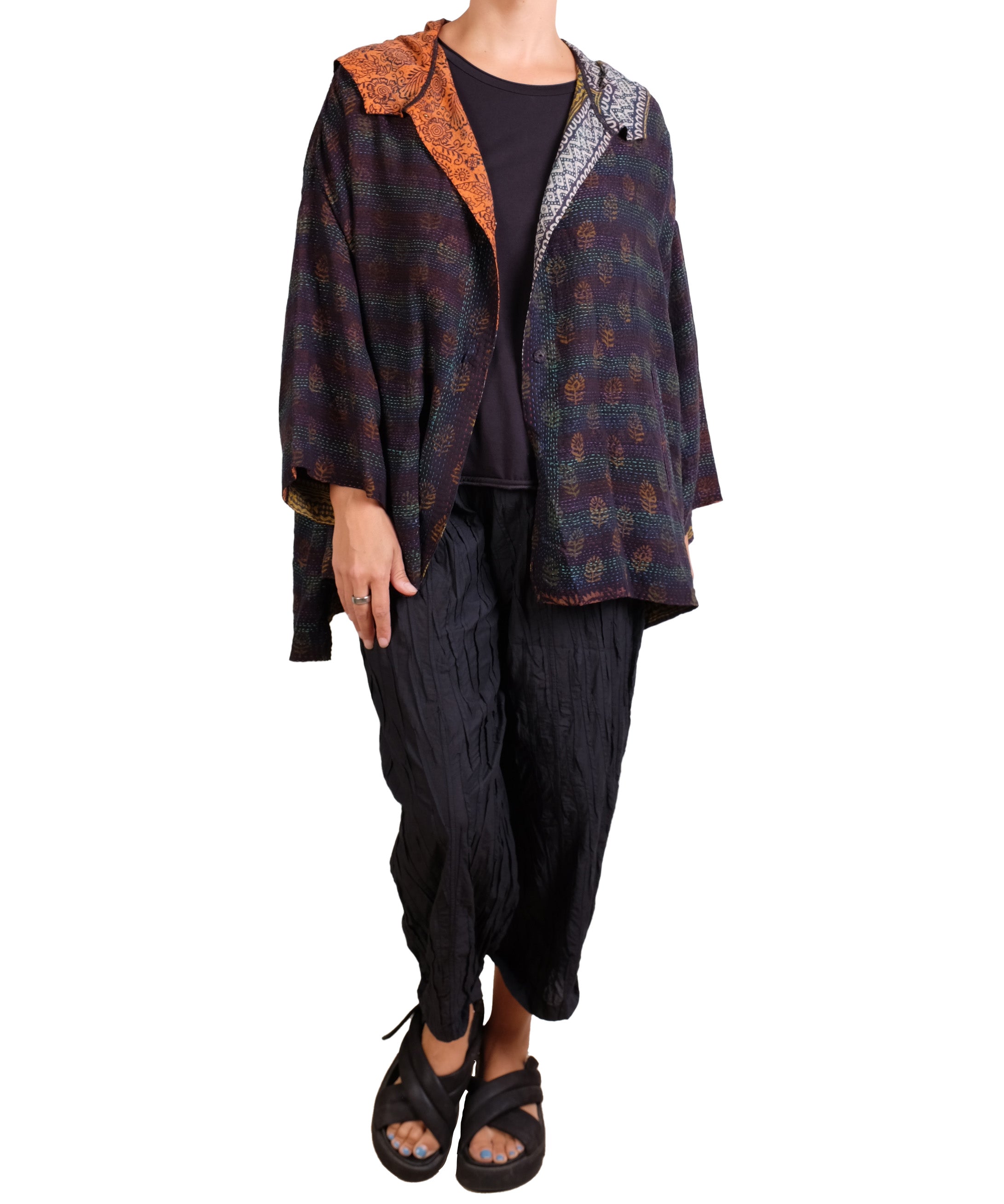 Mieko Mintz Vintage Silk Georgette Cotton Kantha Hoodie Poncho