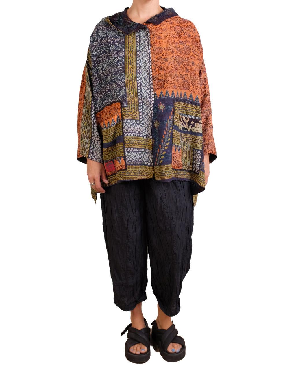 Mieko Mintz Vintage Silk Georgette Cotton Kantha Hoodie Poncho