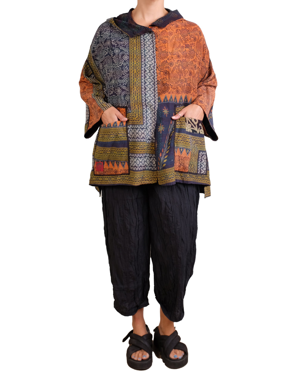 Mieko Mintz Vintage Silk Georgette Cotton Kantha Hoodie Poncho