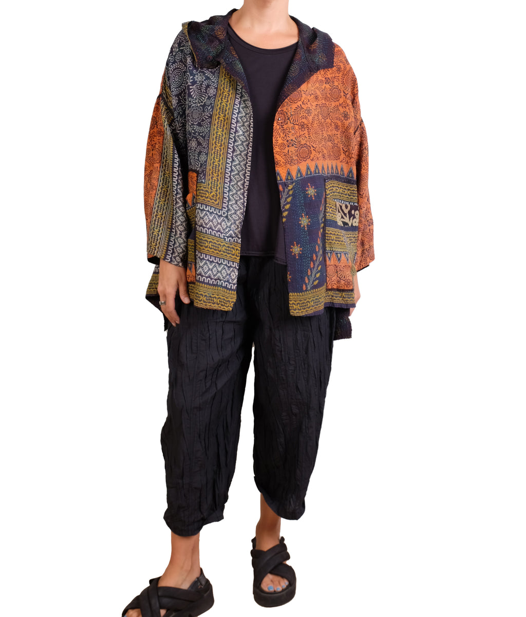 Mieko Mintz Vintage Silk Georgette Cotton Kantha Hoodie Poncho