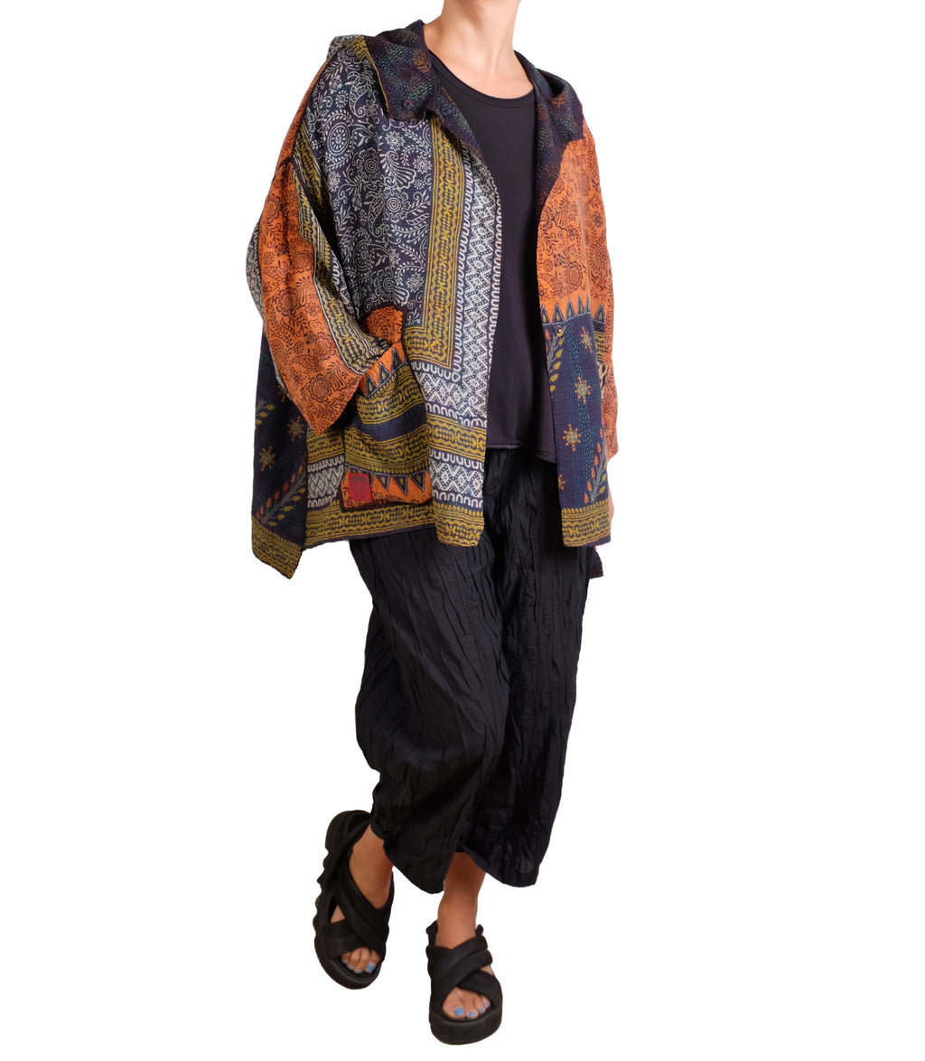 Mieko Mintz Vintage Silk Georgette Cotton Kantha Hoodie Poncho