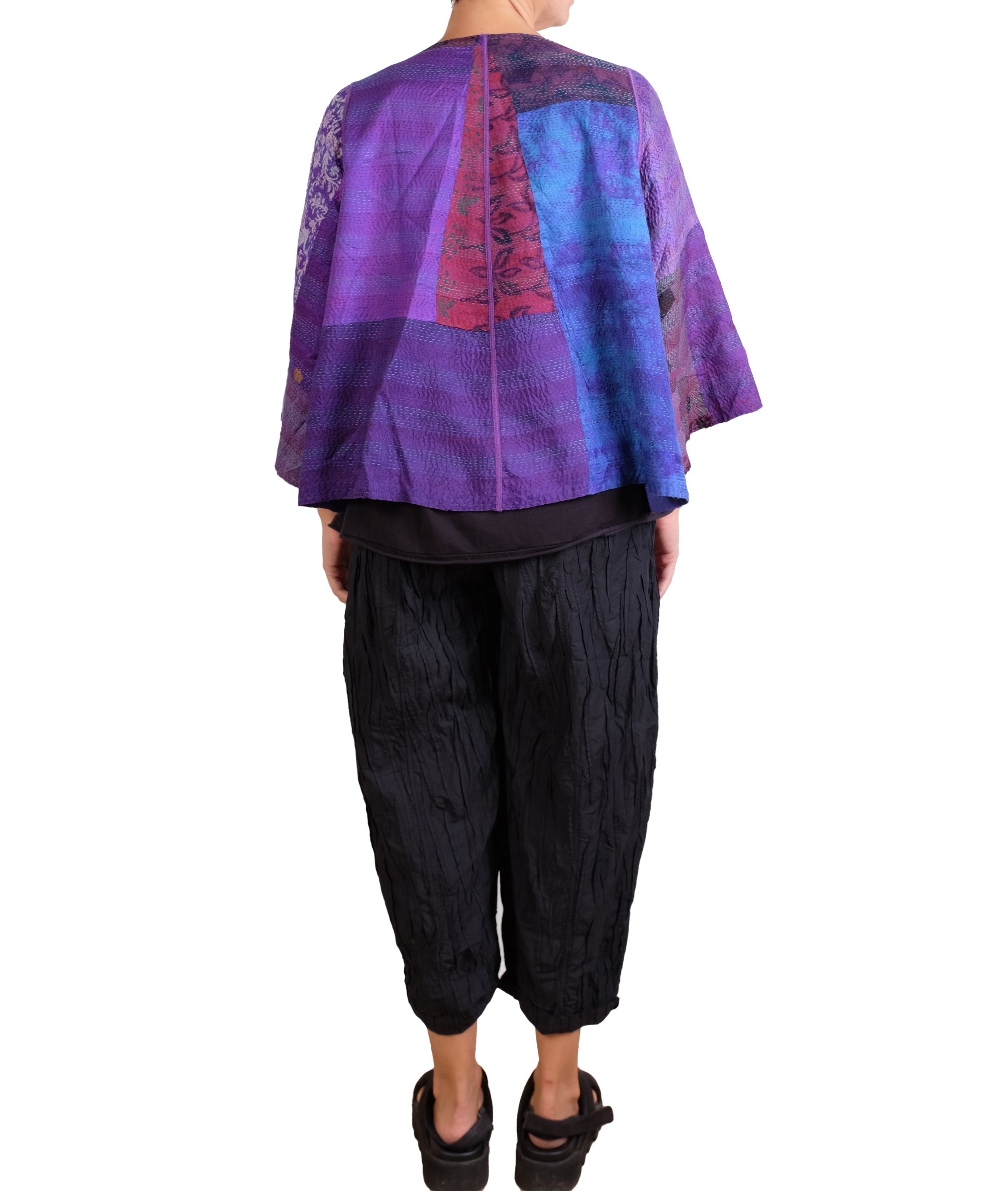 Mieko Mintz Georgette Vintage Silk Patch Kantha Bell Shape Jacket in Purples