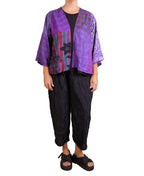 Mieko Mintz Georgette Vintage Silk Patch Kantha Bell Shape Jacket in Purples