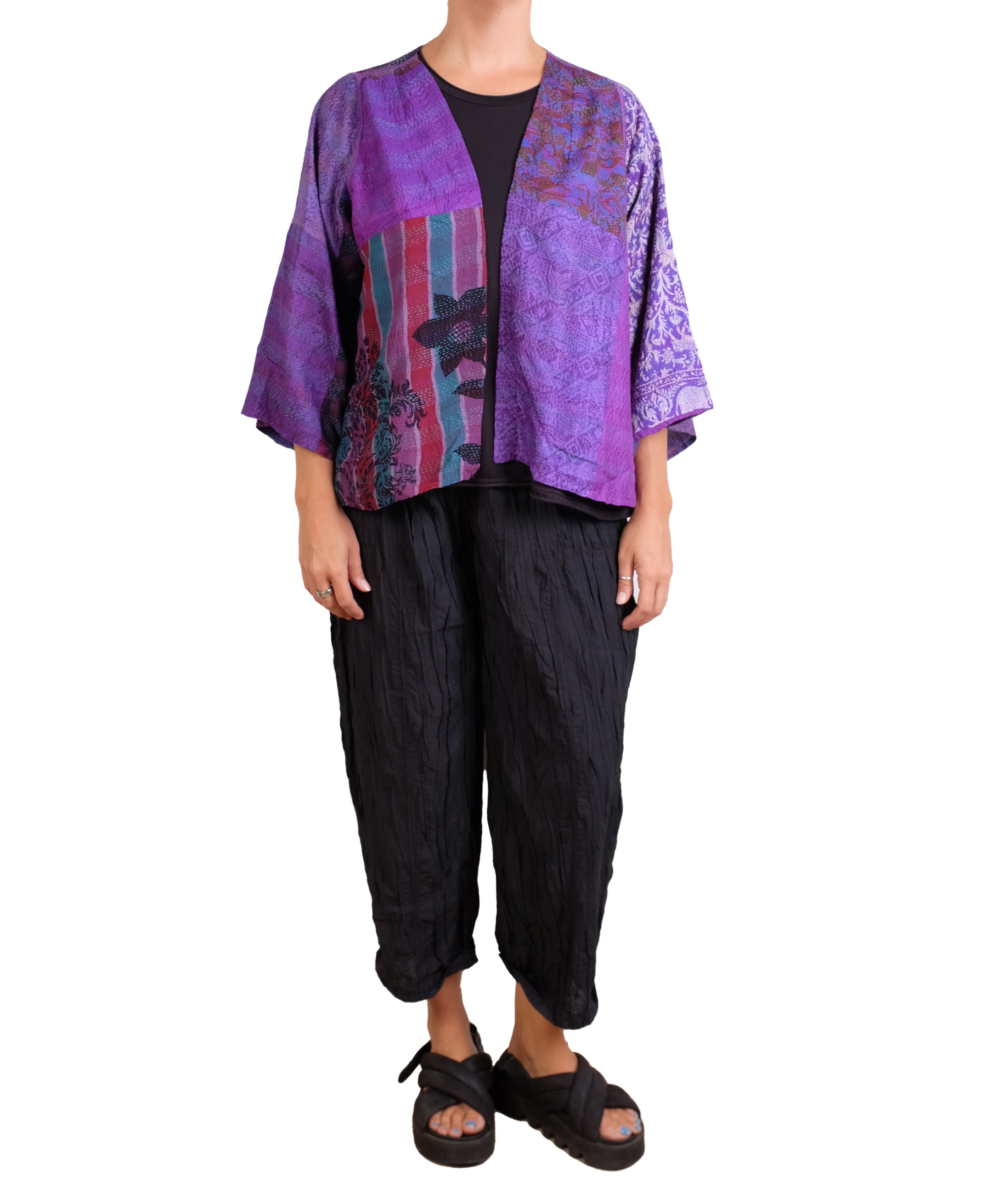 Mieko Mintz Georgette Vintage Silk Patch Kantha Bell Shape Jacket in Purples