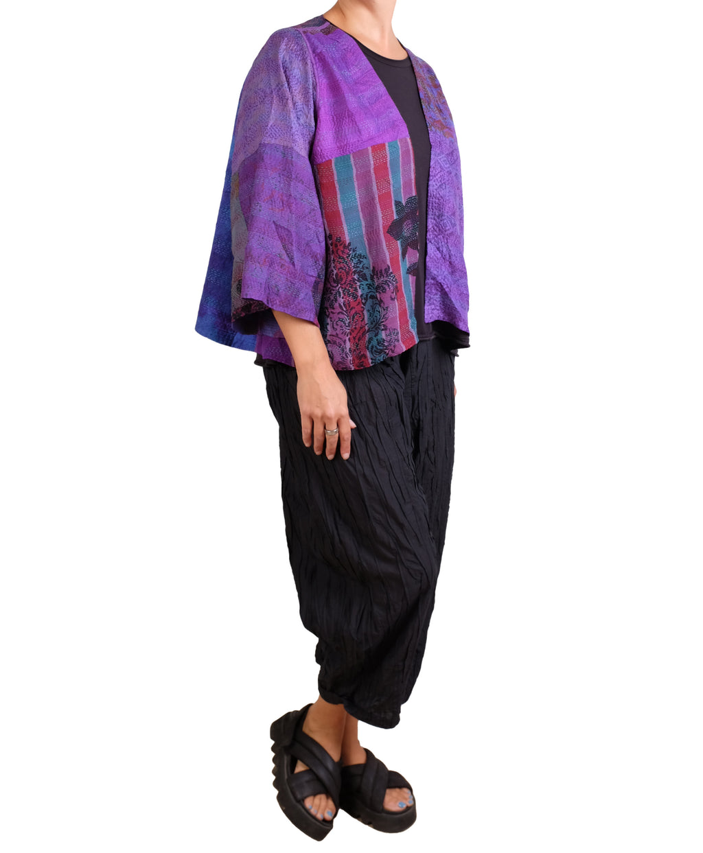Mieko Mintz Georgette Vintage Silk Patch Kantha Bell Shape Jacket in Purples
