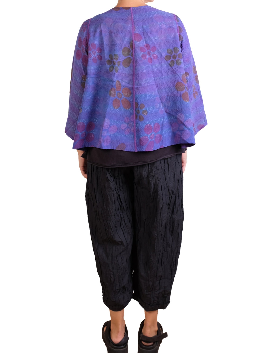 Mieko Mintz Georgette Vintage Silk Patch Kantha Bell Shape Jacket in Purples
