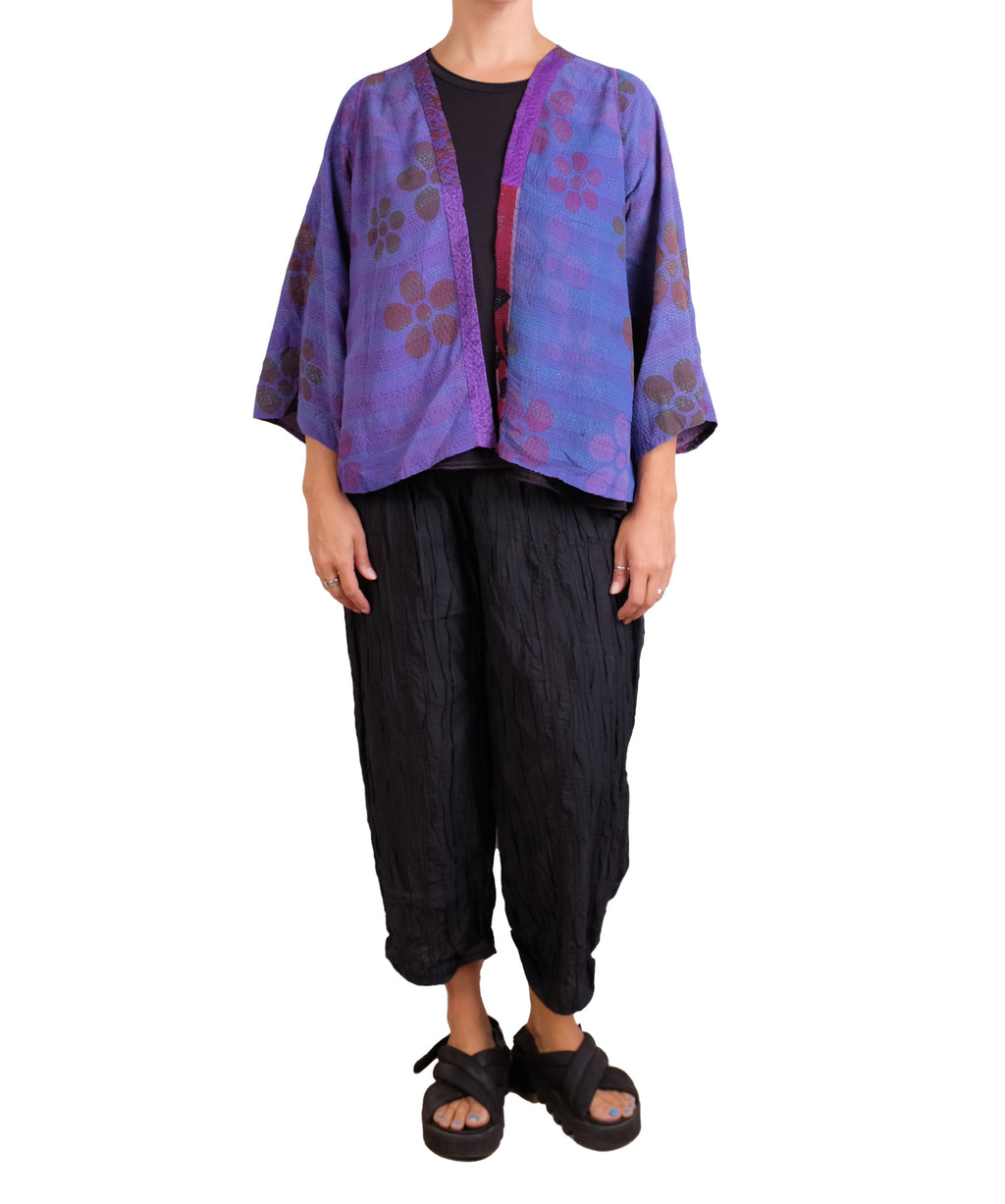 Mieko Mintz Georgette Vintage Silk Patch Kantha Bell Shape Jacket in Purples
