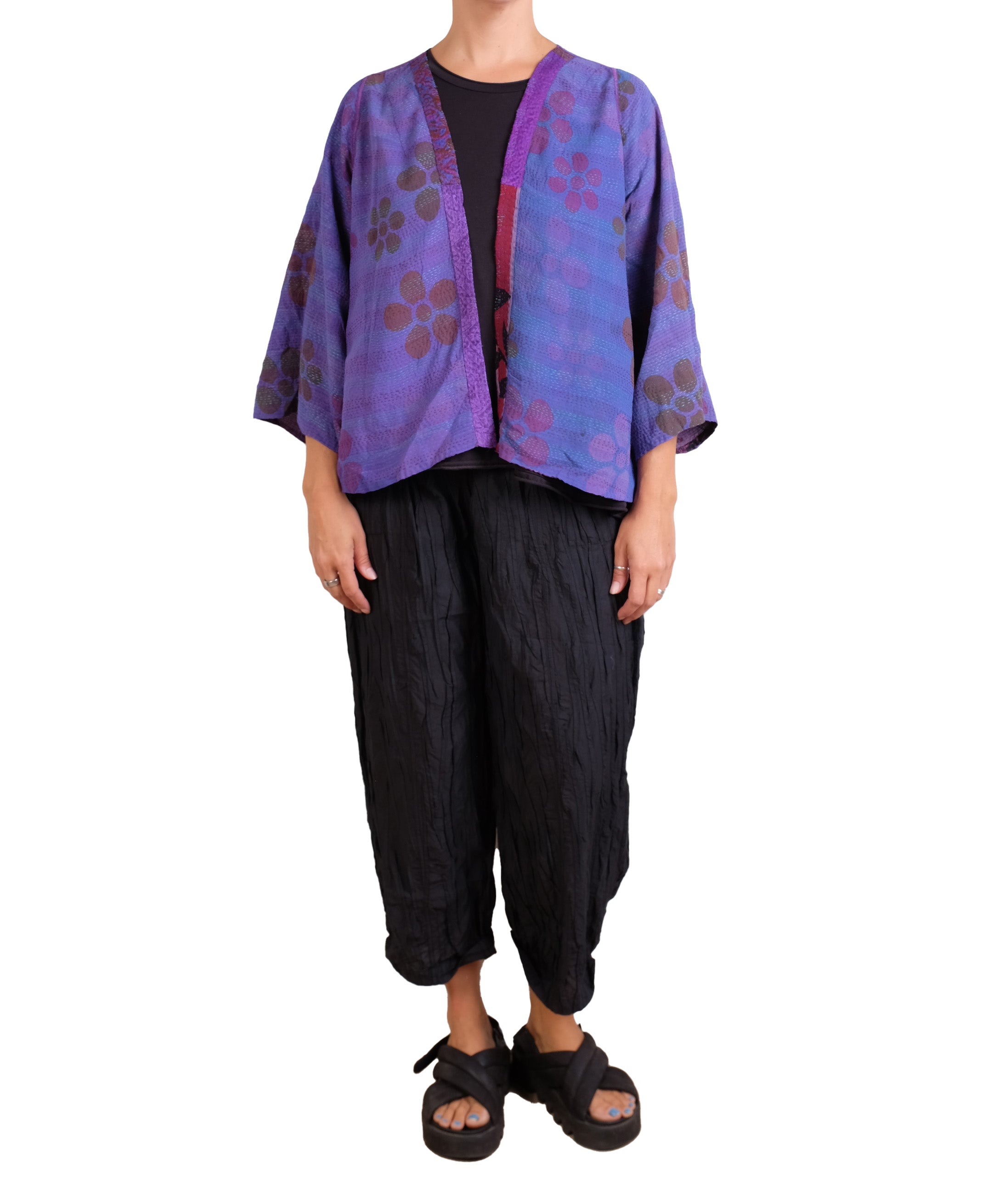 Mieko Mintz Georgette Vintage Silk Patch Kantha Bell Shape Jacket in Purples