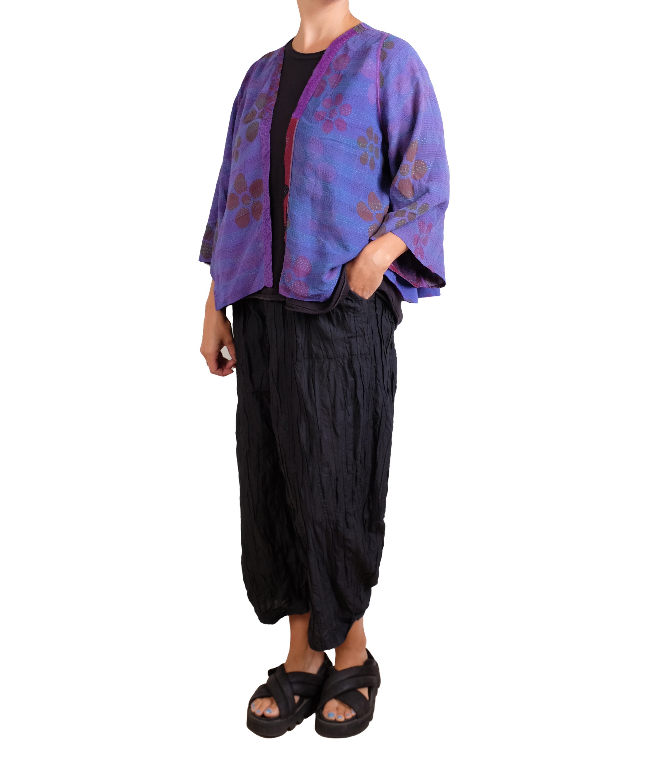 Mieko Mintz Georgette Vintage Silk Patch Kantha Bell Shape Jacket in Purples
