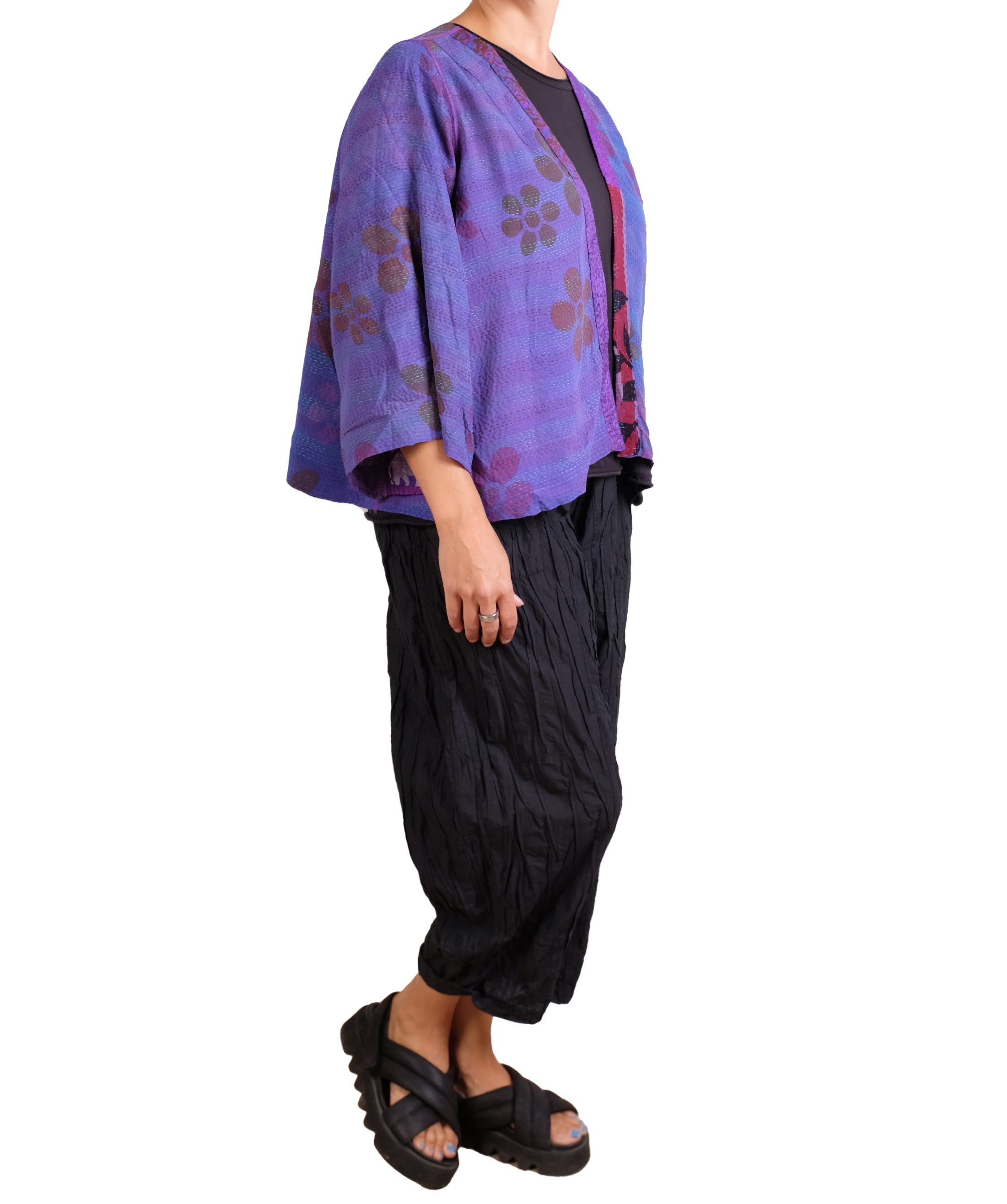 Mieko Mintz Georgette Vintage Silk Patch Kantha Bell Shape Jacket in Purples