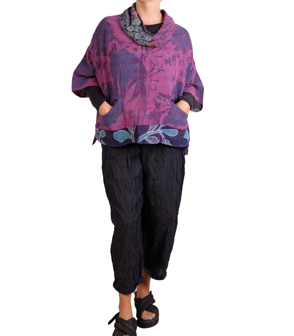 Mieko Mintz Vintage Silk Georgette Cotton Kantha Cowl Neck Poncho in Pinks/Purples