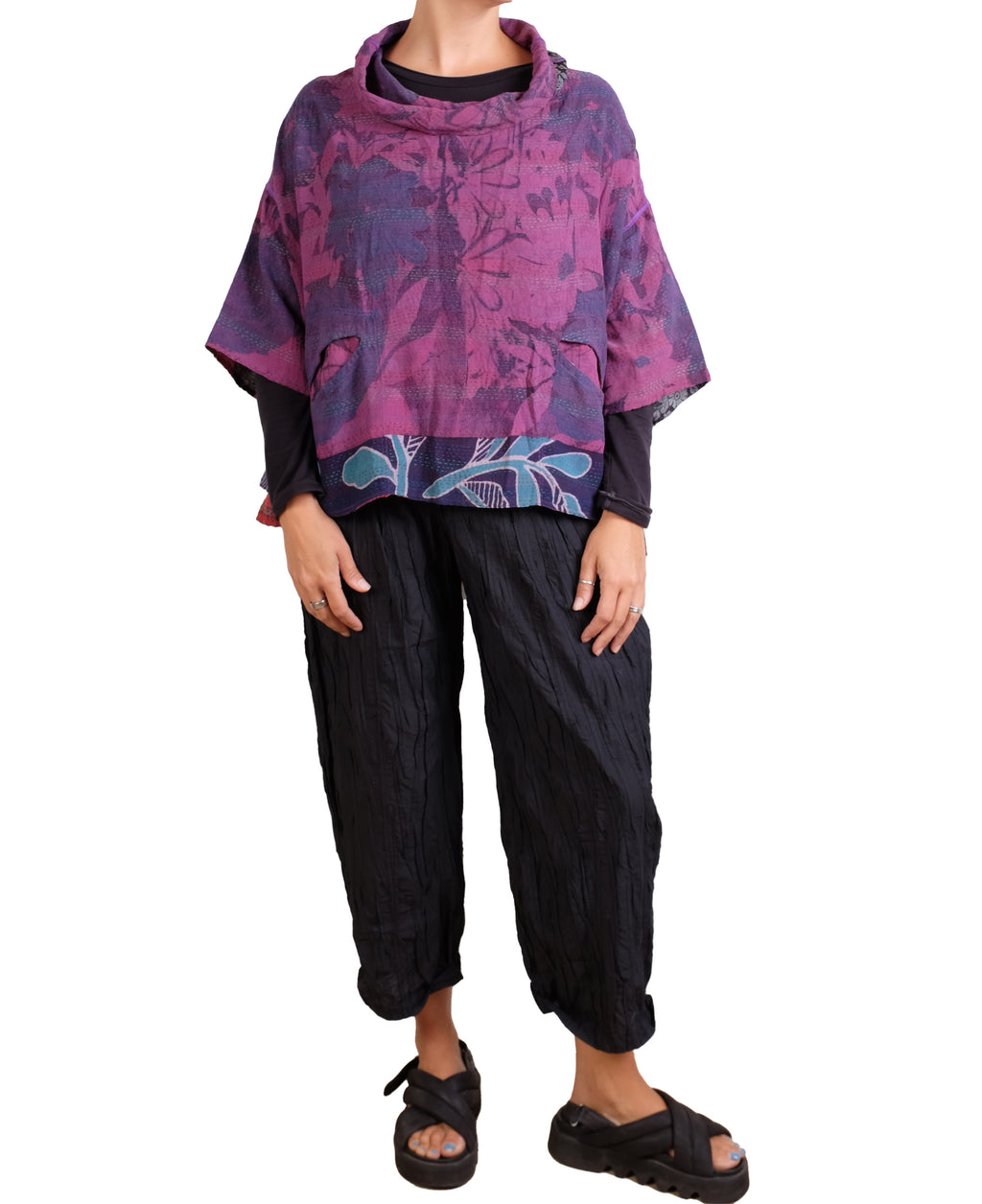 Mieko Mintz Vintage Silk Georgette Cotton Kantha Cowl Neck Poncho in Pinks/Purples