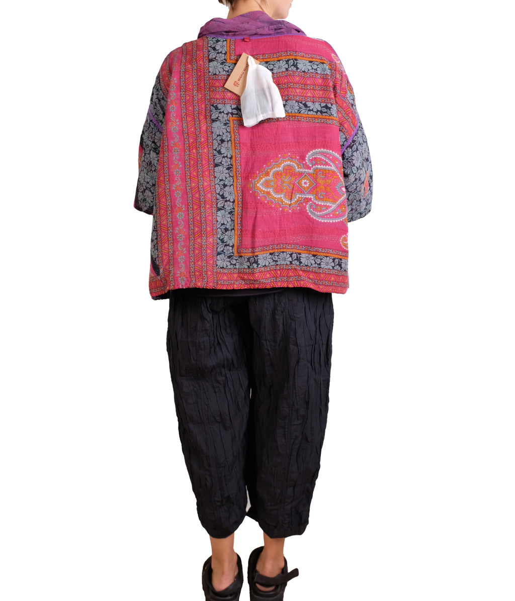 Mieko Mintz Vintage Silk Georgette Cotton Kantha Cowl Neck Poncho in Pinks/Purples