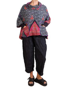 Mieko Mintz Vintage Silk Georgette Cotton Kantha Cowl Neck Poncho in Pinks/Purples