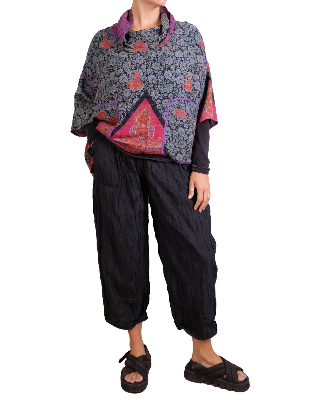 Mieko Mintz Vintage Silk Georgette Cotton Kantha Cowl Neck Poncho in Pinks/Purples