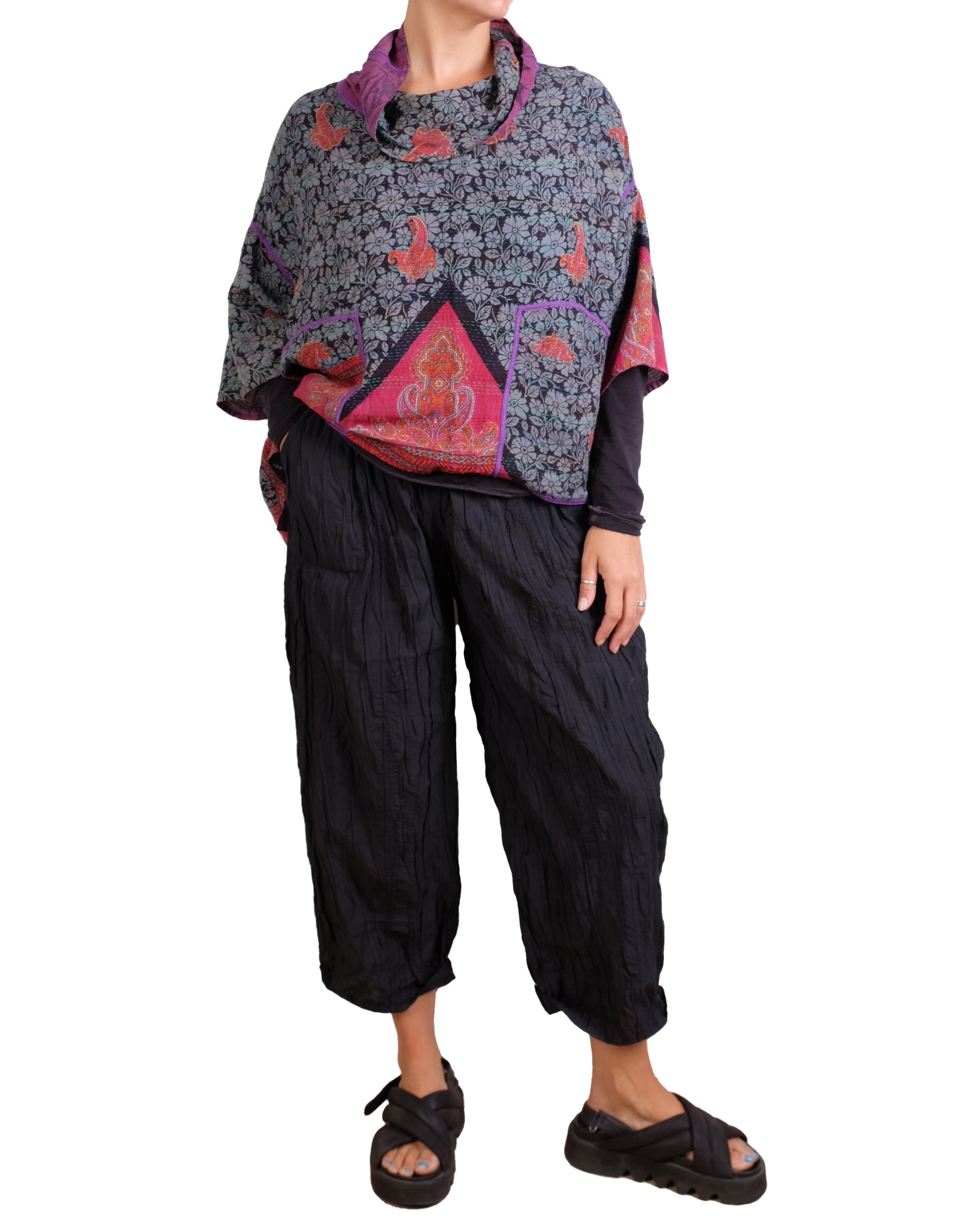 Mieko Mintz Vintage Silk Georgette Cotton Kantha Cowl Neck Poncho in Pinks/Purples