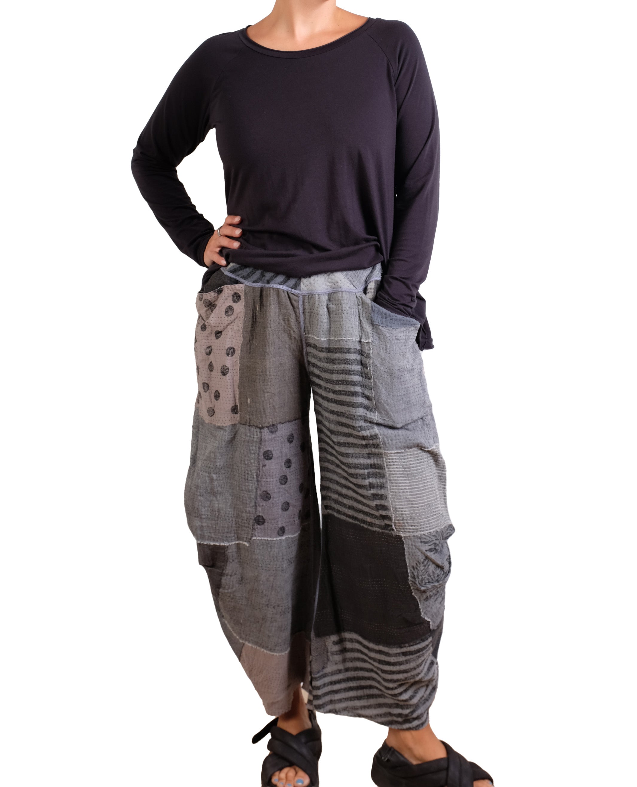 Mieko Mintz Frayed Patch Kantha Knee Tucked Pants in Gray