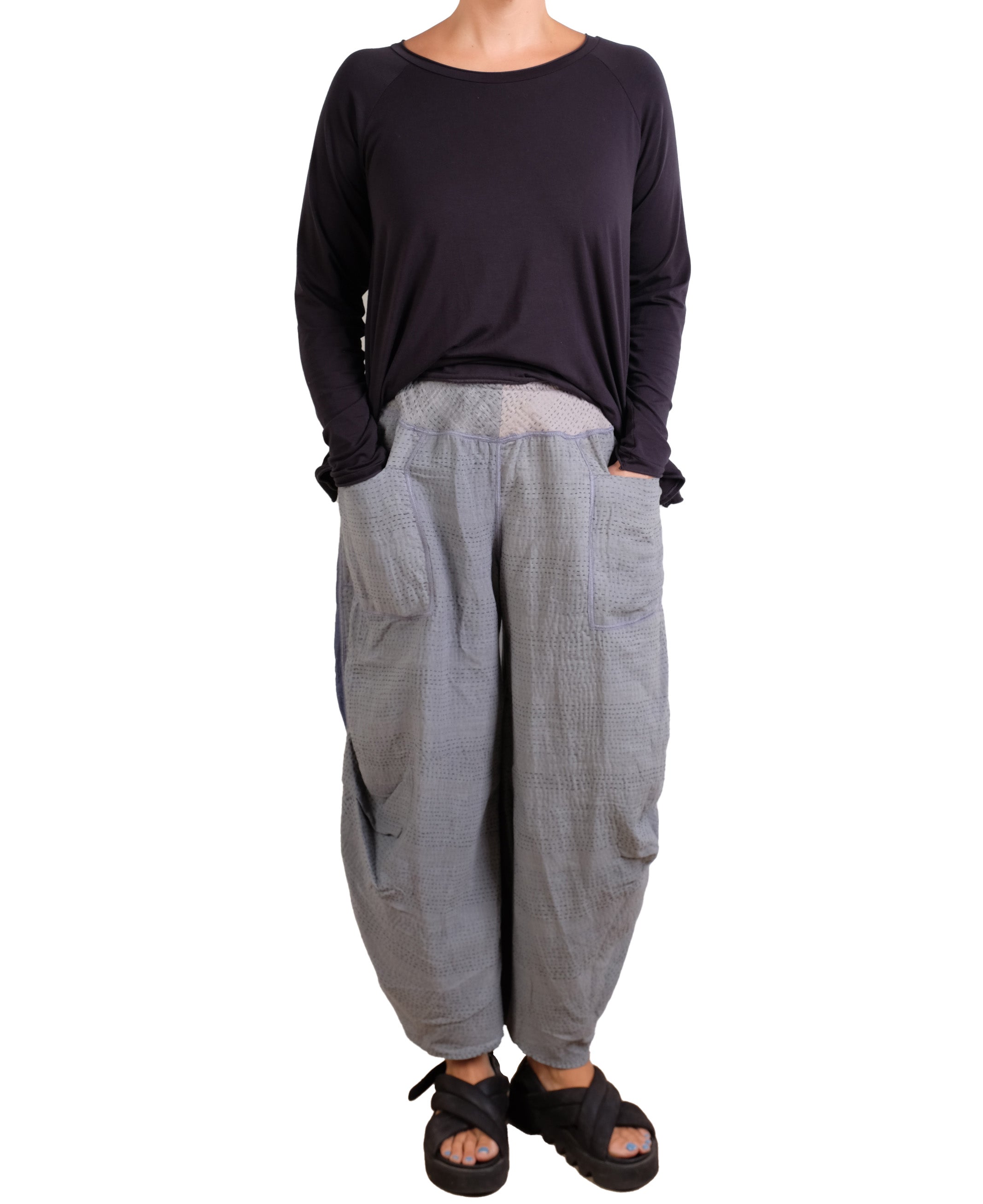 Mieko Mintz Frayed Patch Kantha Knee Tucked Pants in Gray