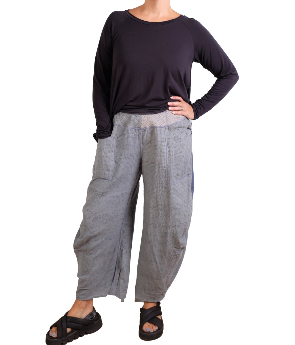 Mieko Mintz Frayed Patch Kantha Knee Tucked Pants in Gray