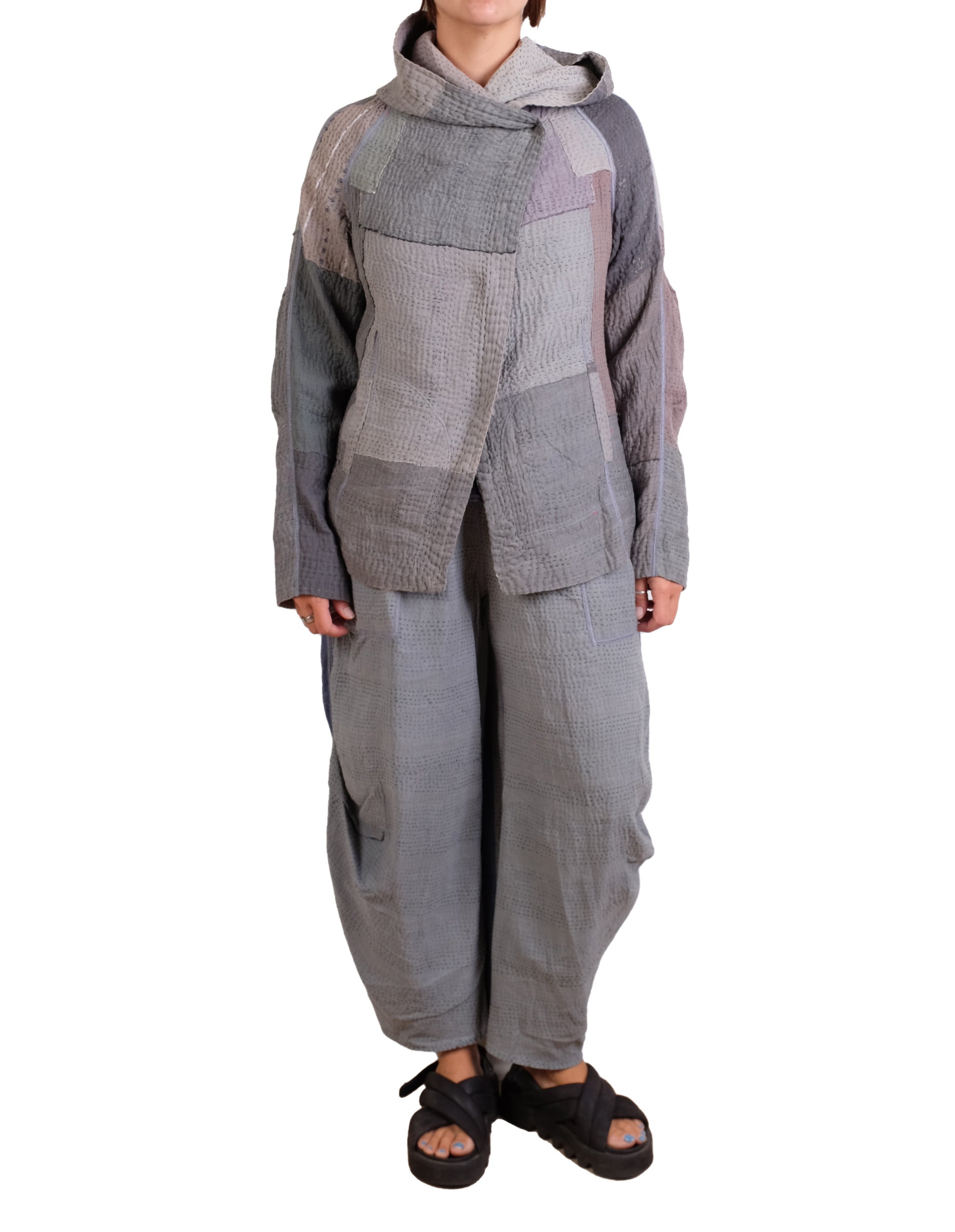 Mieko Mintz Frayed Patch Kantha Hoodie Jacket in Gray