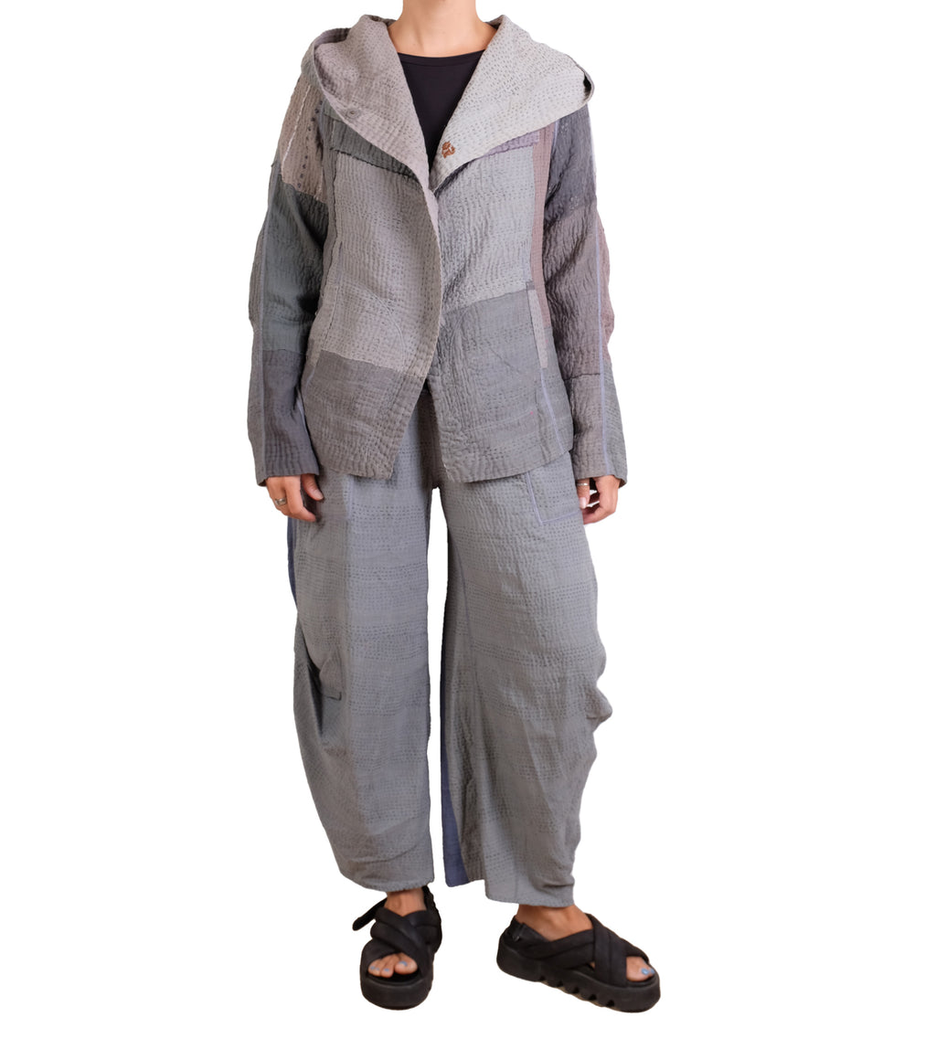 Mieko Mintz Frayed Patch Kantha Hoodie Jacket in Gray