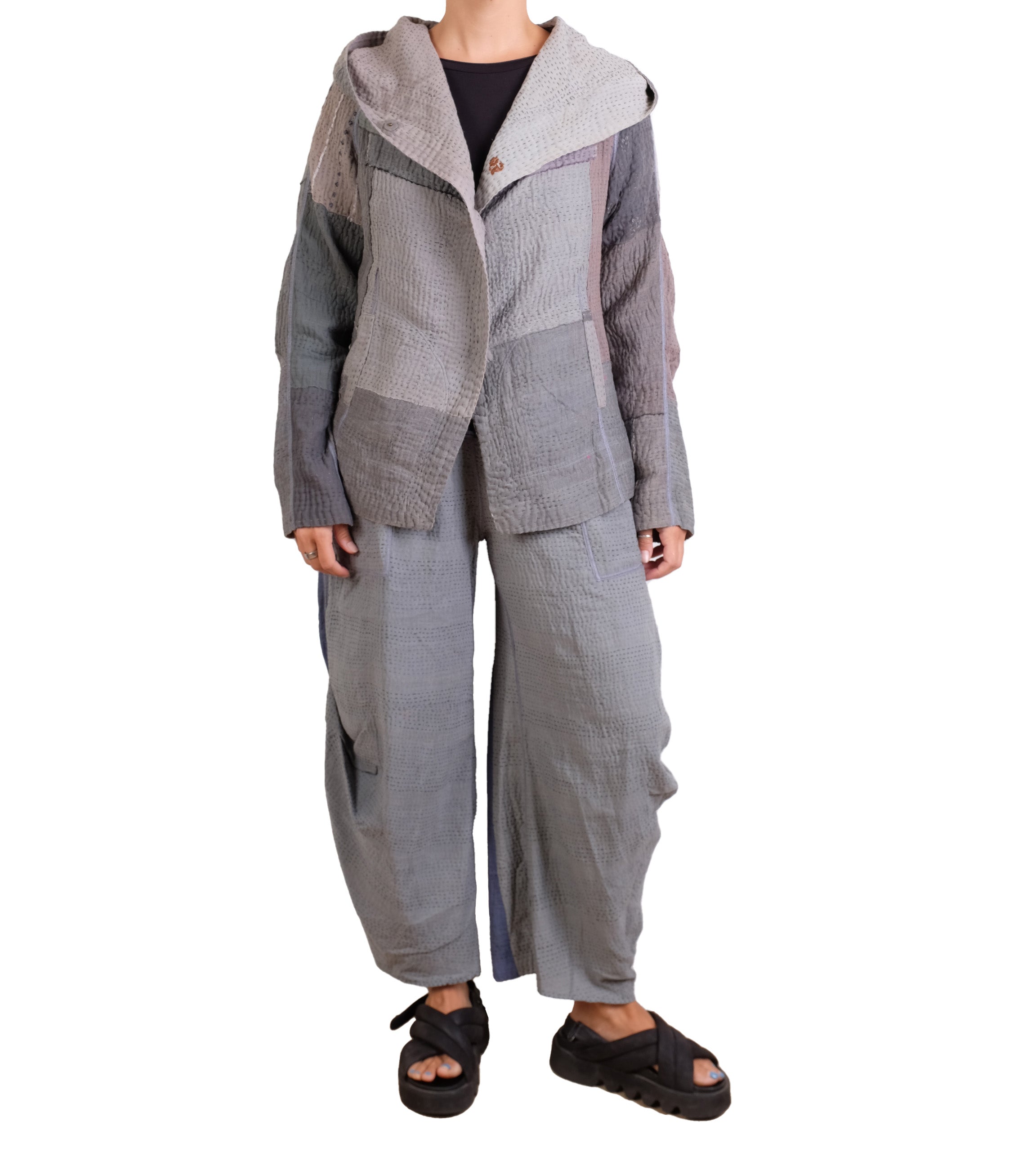 Mieko Mintz Frayed Patch Kantha Hoodie Jacket in Gray