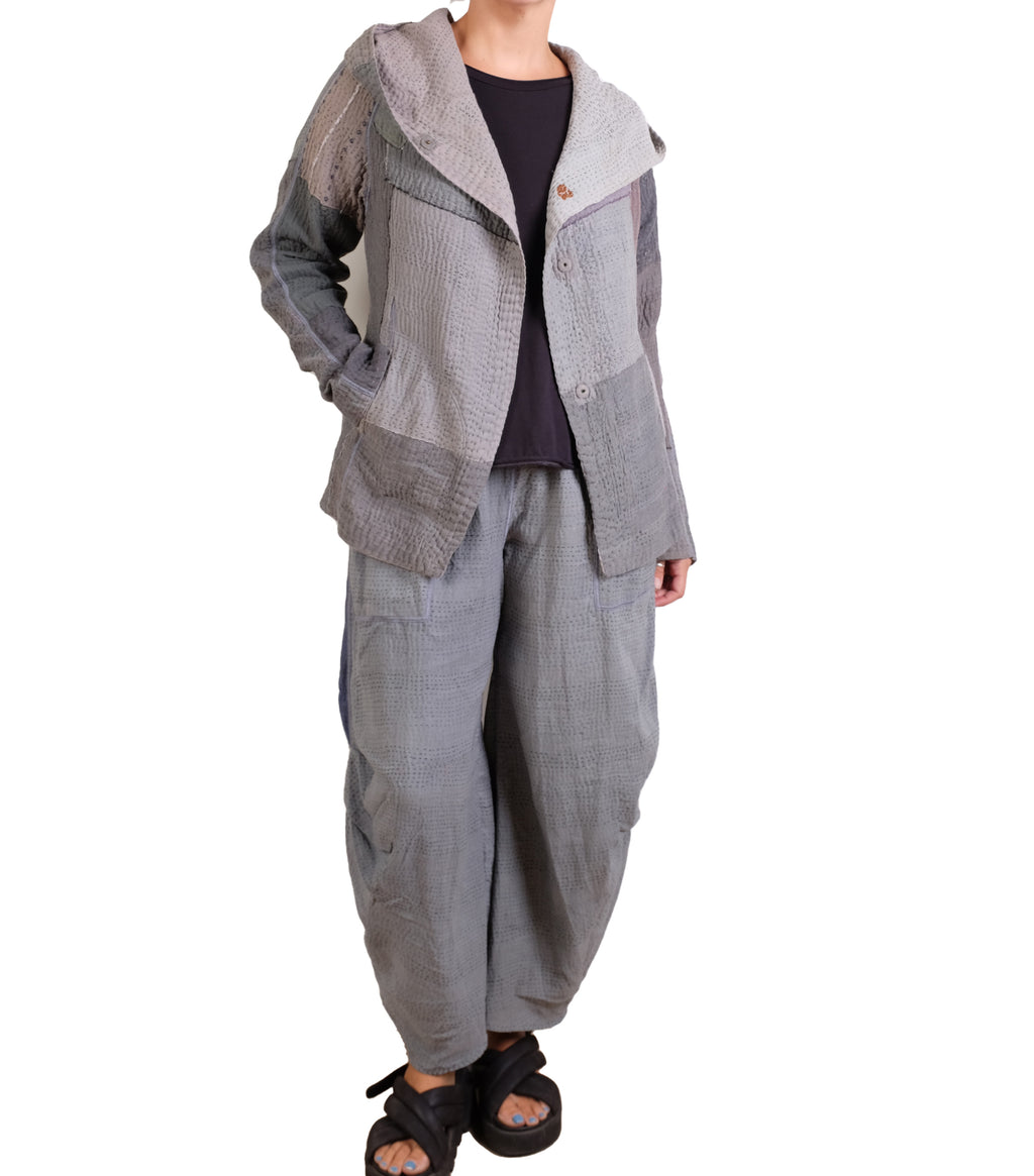 Mieko Mintz Frayed Patch Kantha Hoodie Jacket in Gray