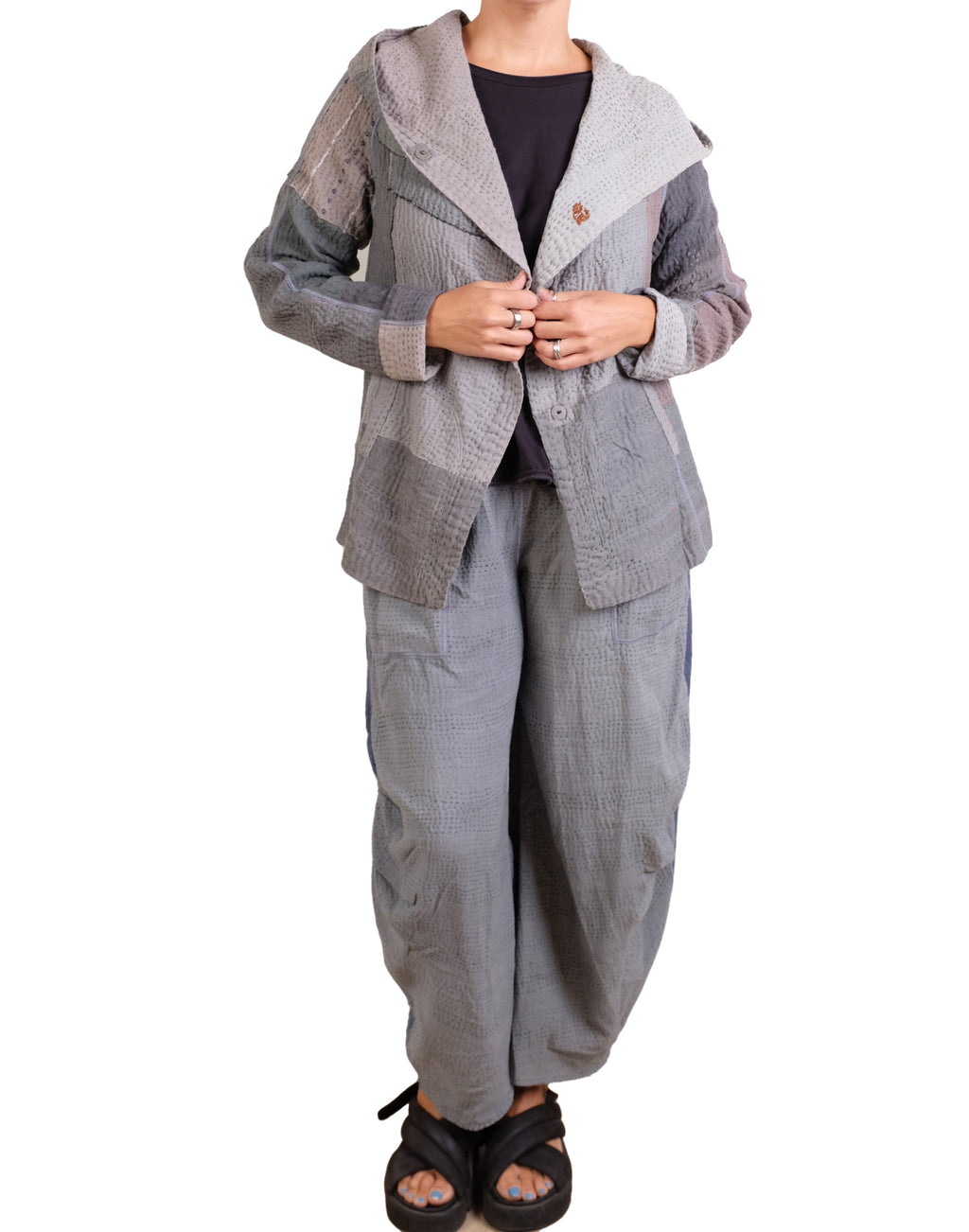 Mieko Mintz Frayed Patch Kantha Hoodie Jacket in Gray