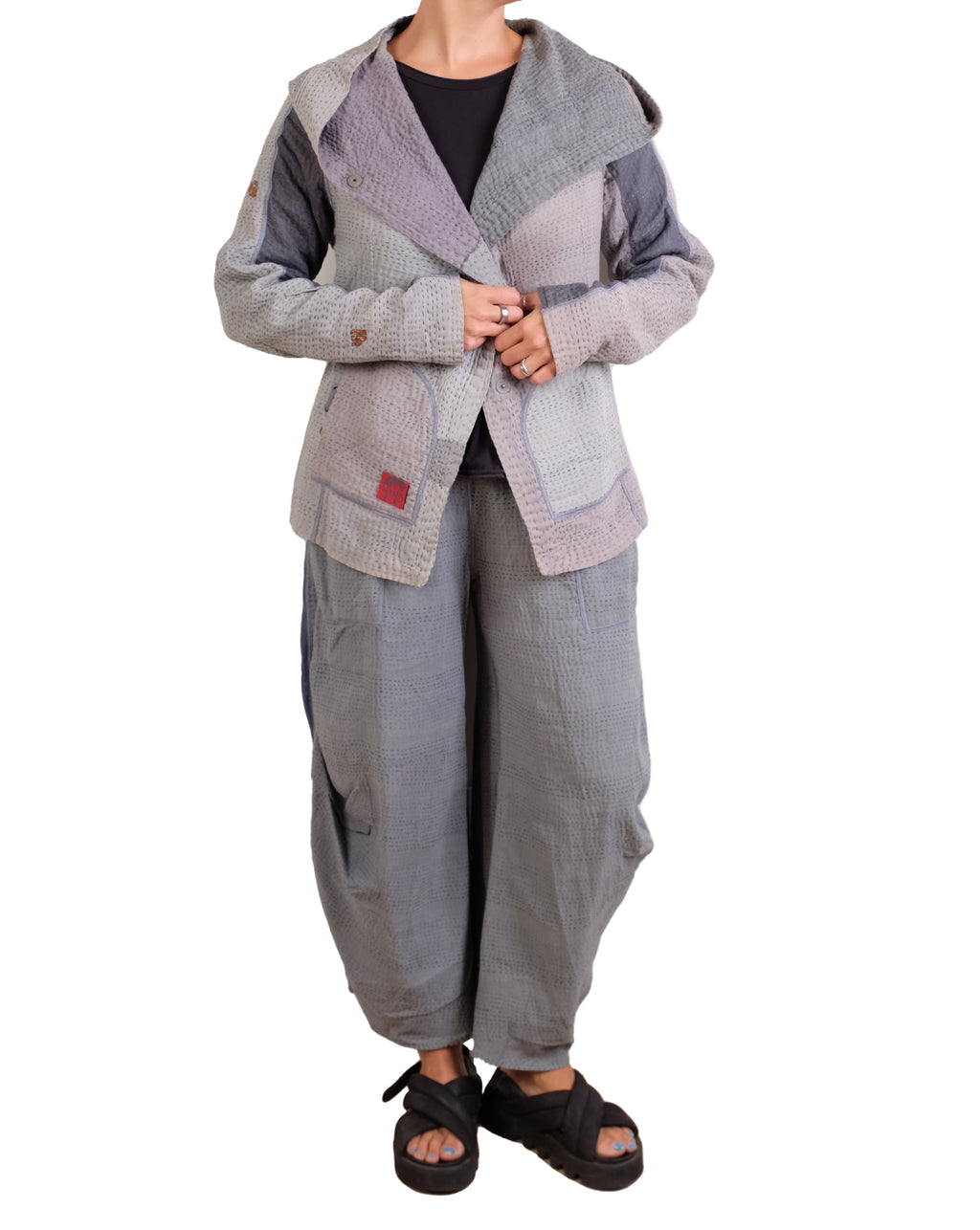 Mieko Mintz Frayed Patch Kantha Knee Tucked Pants in Gray