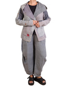 Mieko Mintz Frayed Patch Kantha Knee Tucked Pants in Gray