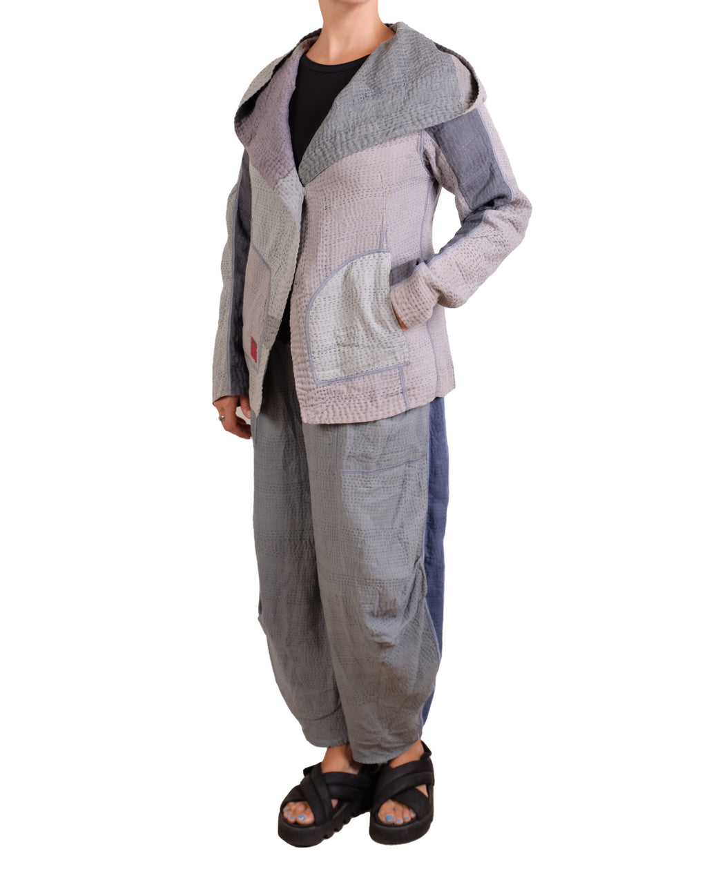Mieko Mintz Frayed Patch Kantha Hoodie Jacket in Gray