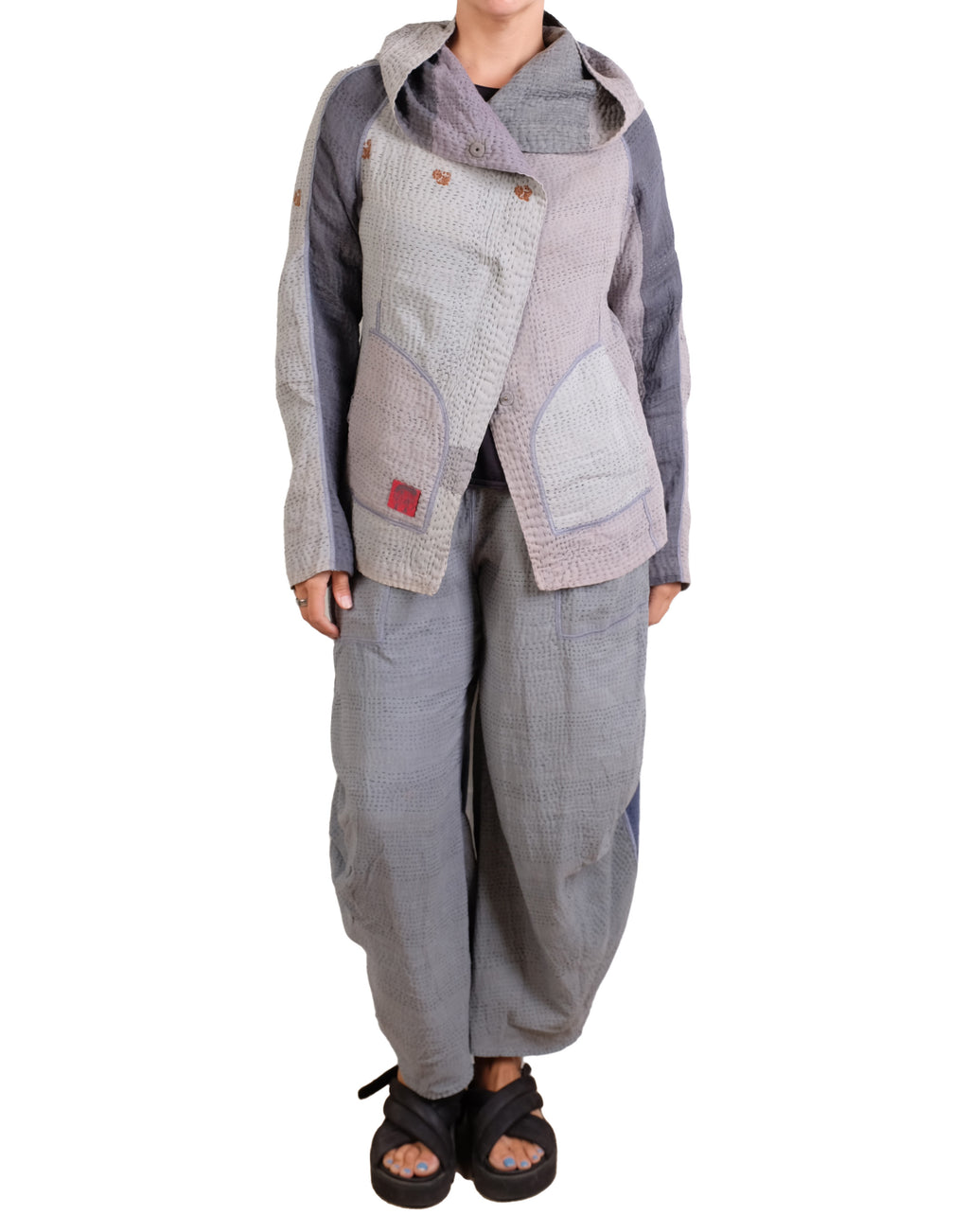 Mieko Mintz Frayed Patch Kantha Hoodie Jacket in Gray