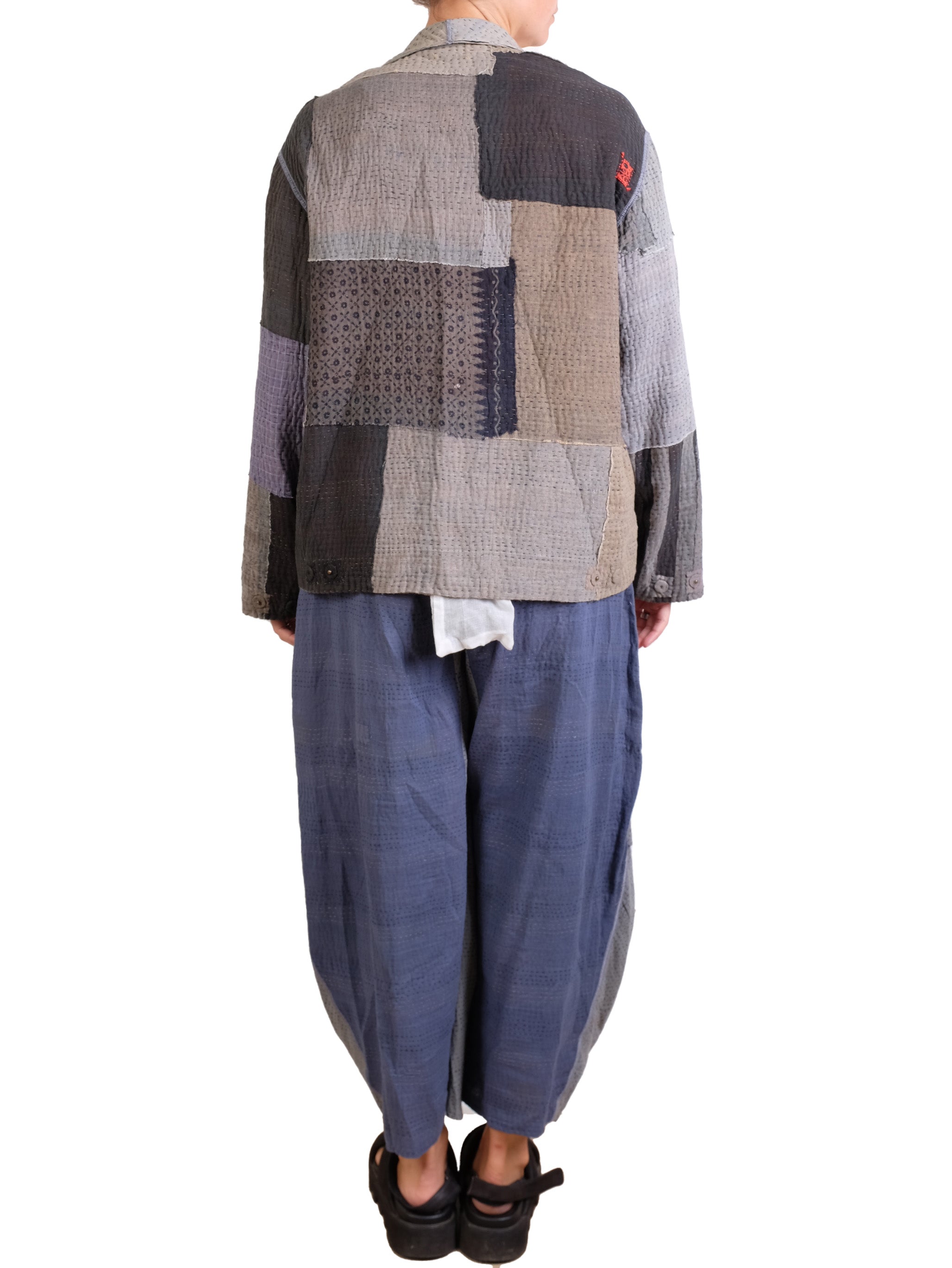 Mieko Mintz Frayed Patch Kantha Shirt Jacket in Gray