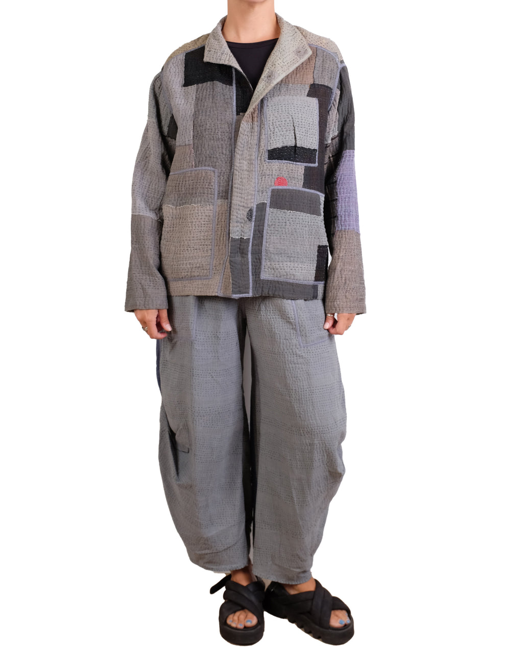 Mieko Mintz Frayed Patch Kantha Shirt Jacket in Gray