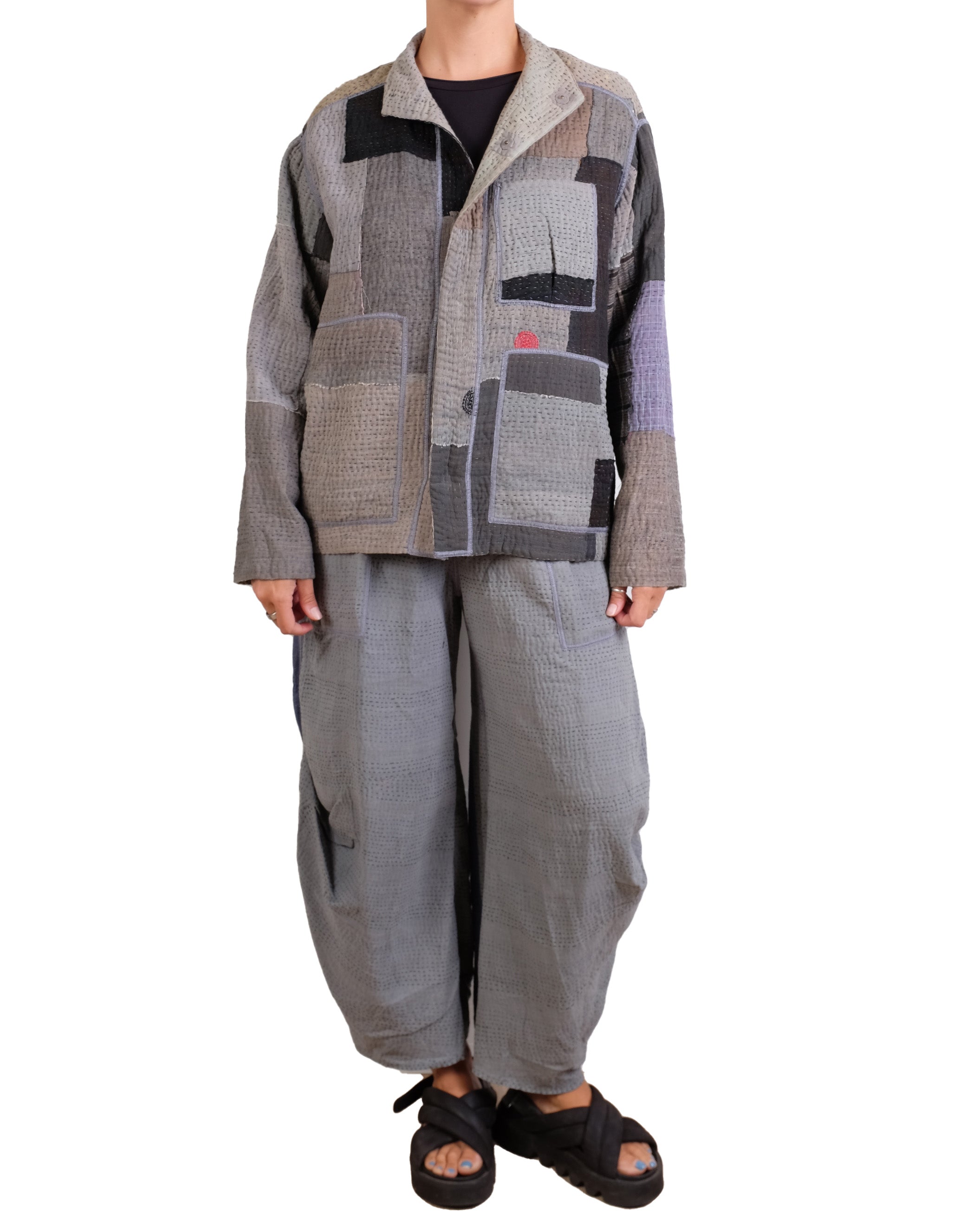 Mieko Mintz Frayed Patch Kantha Shirt Jacket in Gray