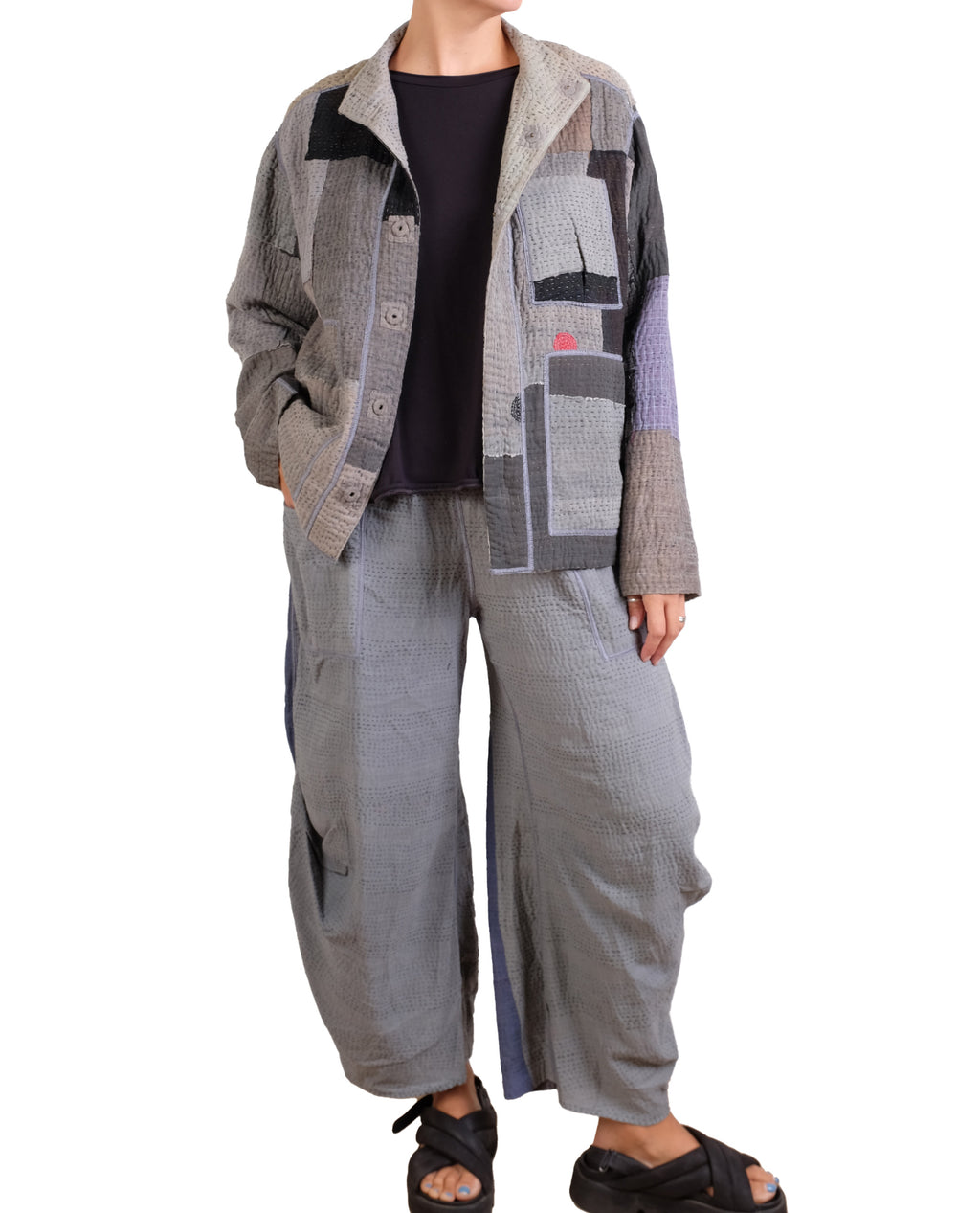 Mieko Mintz Frayed Patch Kantha Shirt Jacket in Gray