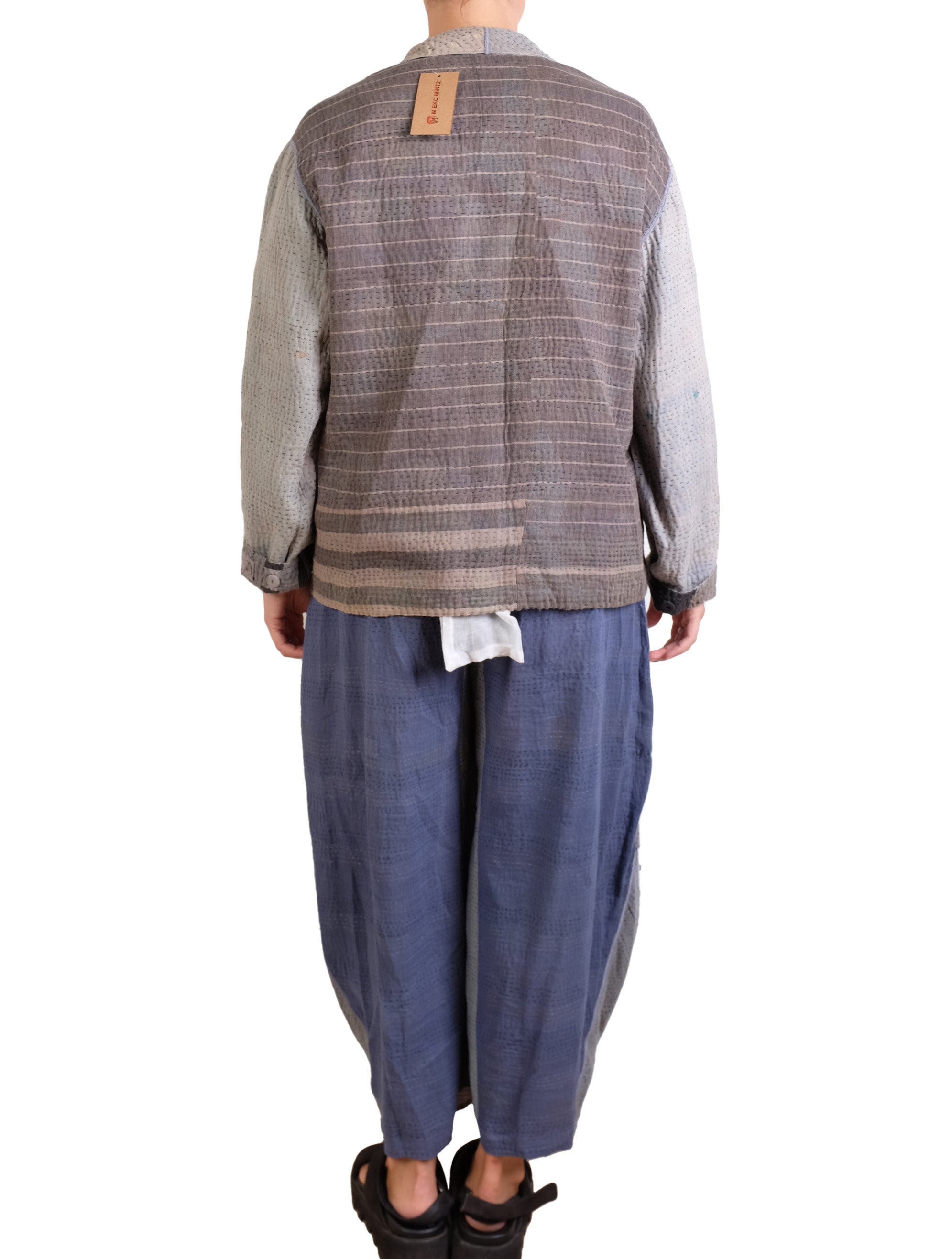Mieko Mintz Frayed Patch Kantha Shirt Jacket in Gray