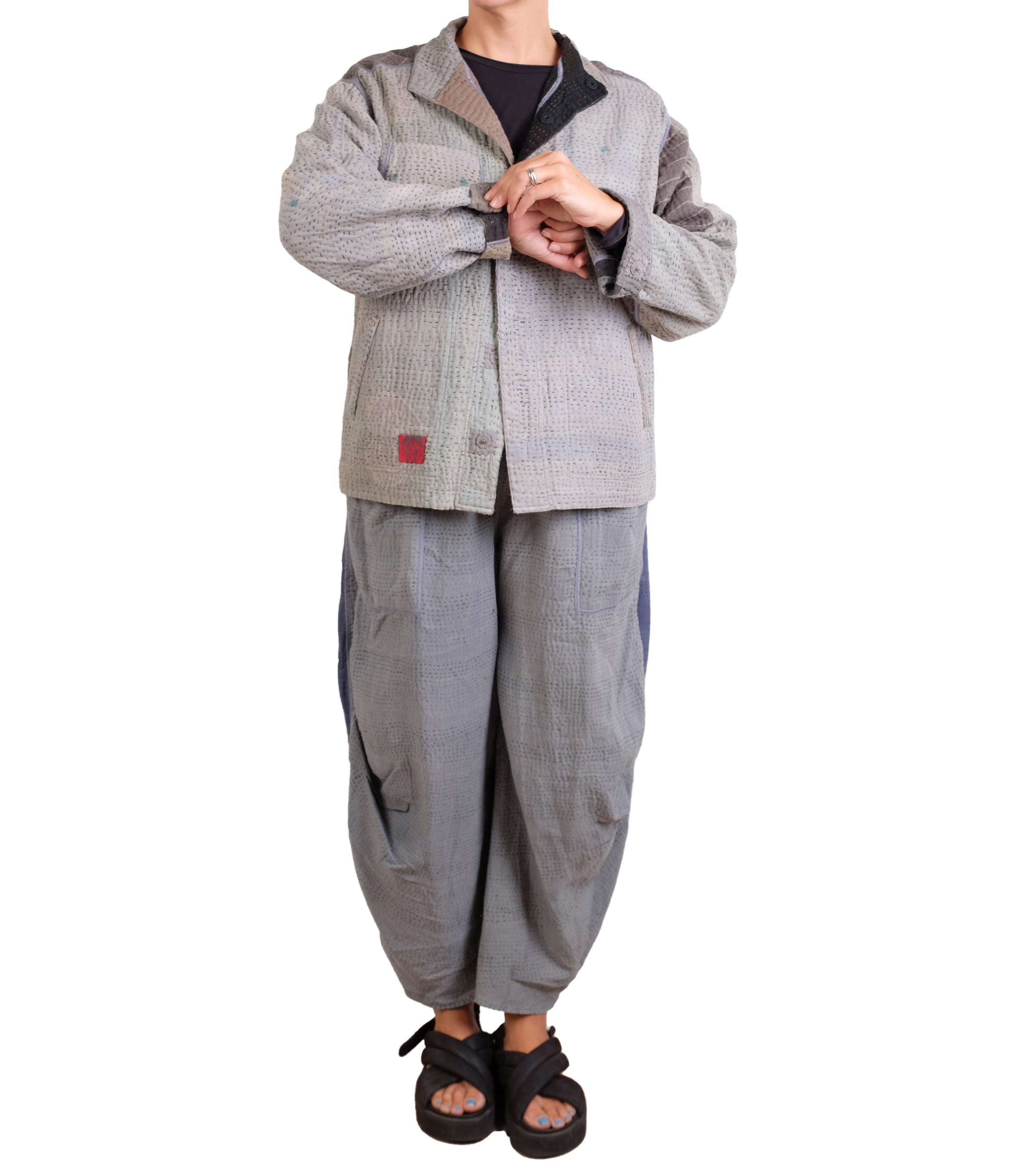 Mieko Mintz Frayed Patch Kantha Shirt Jacket in Gray
