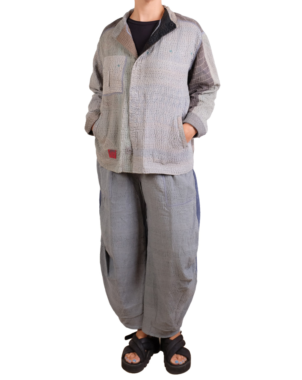Mieko Mintz Frayed Patch Kantha Shirt Jacket in Gray