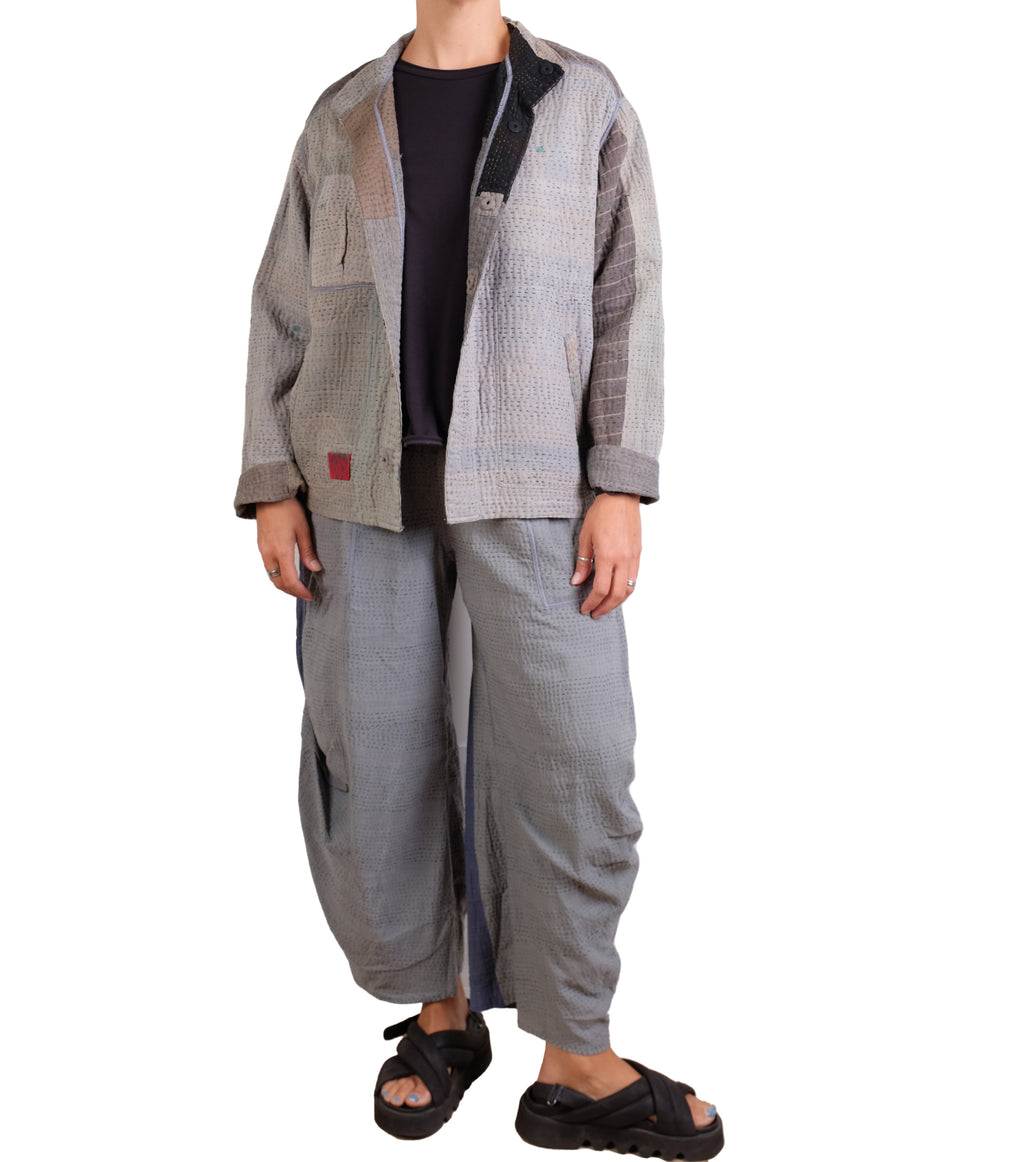 Mieko Mintz Frayed Patch Kantha Shirt Jacket in Gray