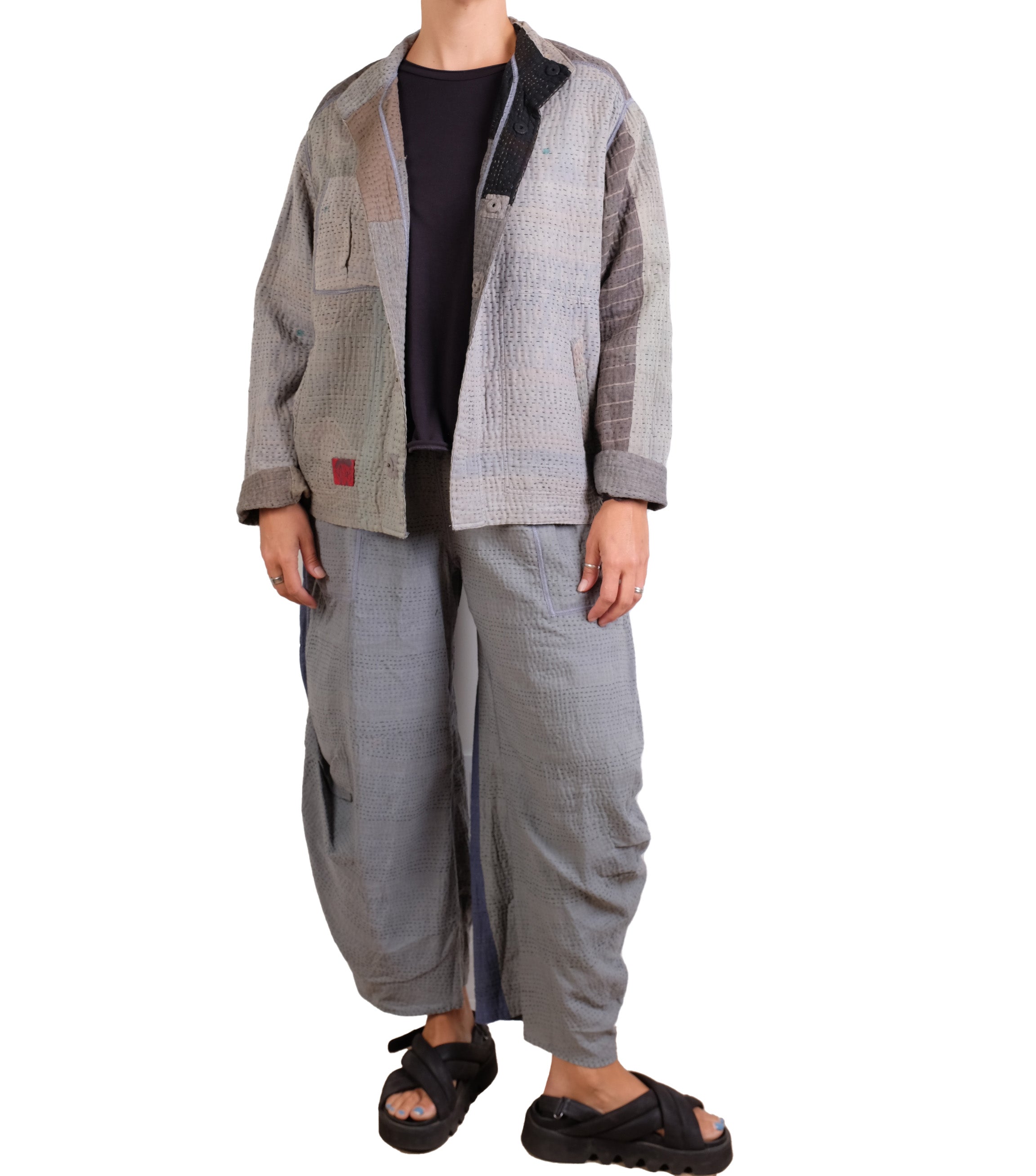 Mieko Mintz Frayed Patch Kantha Shirt Jacket in Gray