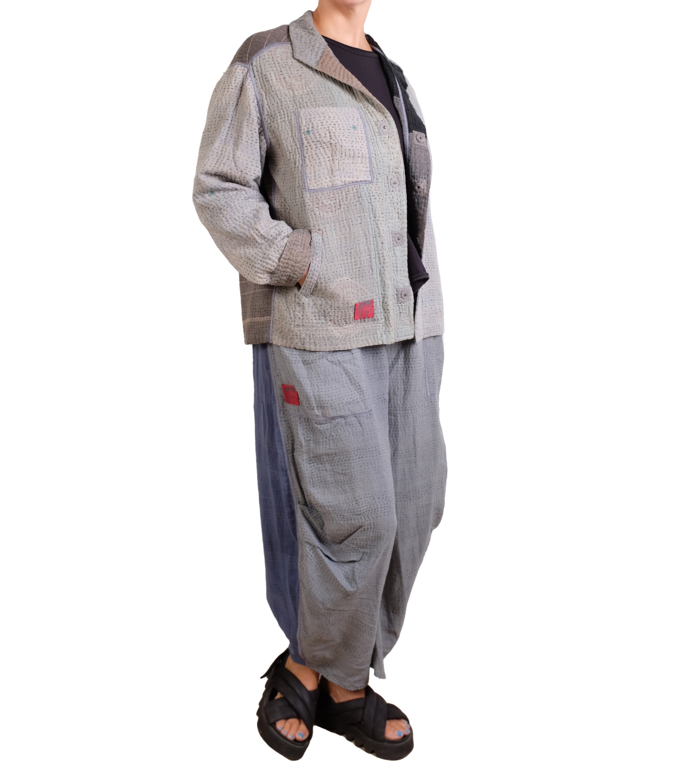 Mieko Mintz Frayed Patch Kantha Knee Tucked Pants in Gray