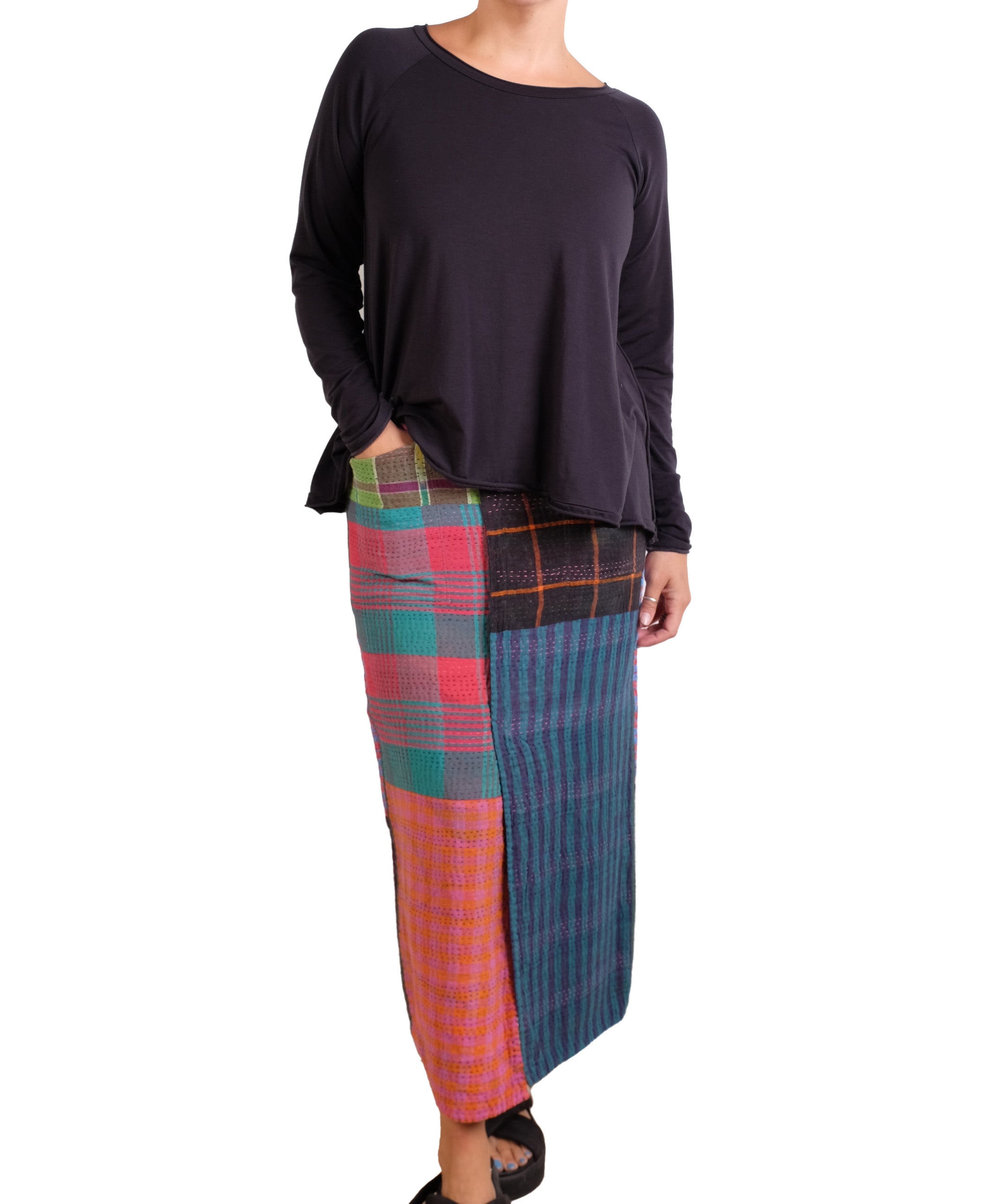 Mieko Mintz Flower Print With Checkered Patch Front Vent Pencil Skirt