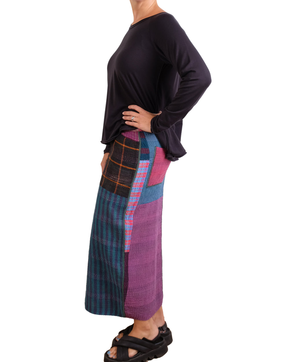 Mieko Mintz Flower Print With Checkered Patch Front Vent Pencil Skirt
