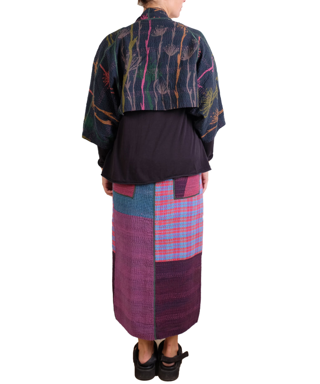 Mieko Mintz Flower Print With Checkered Patch Front Vent Pencil Skirt